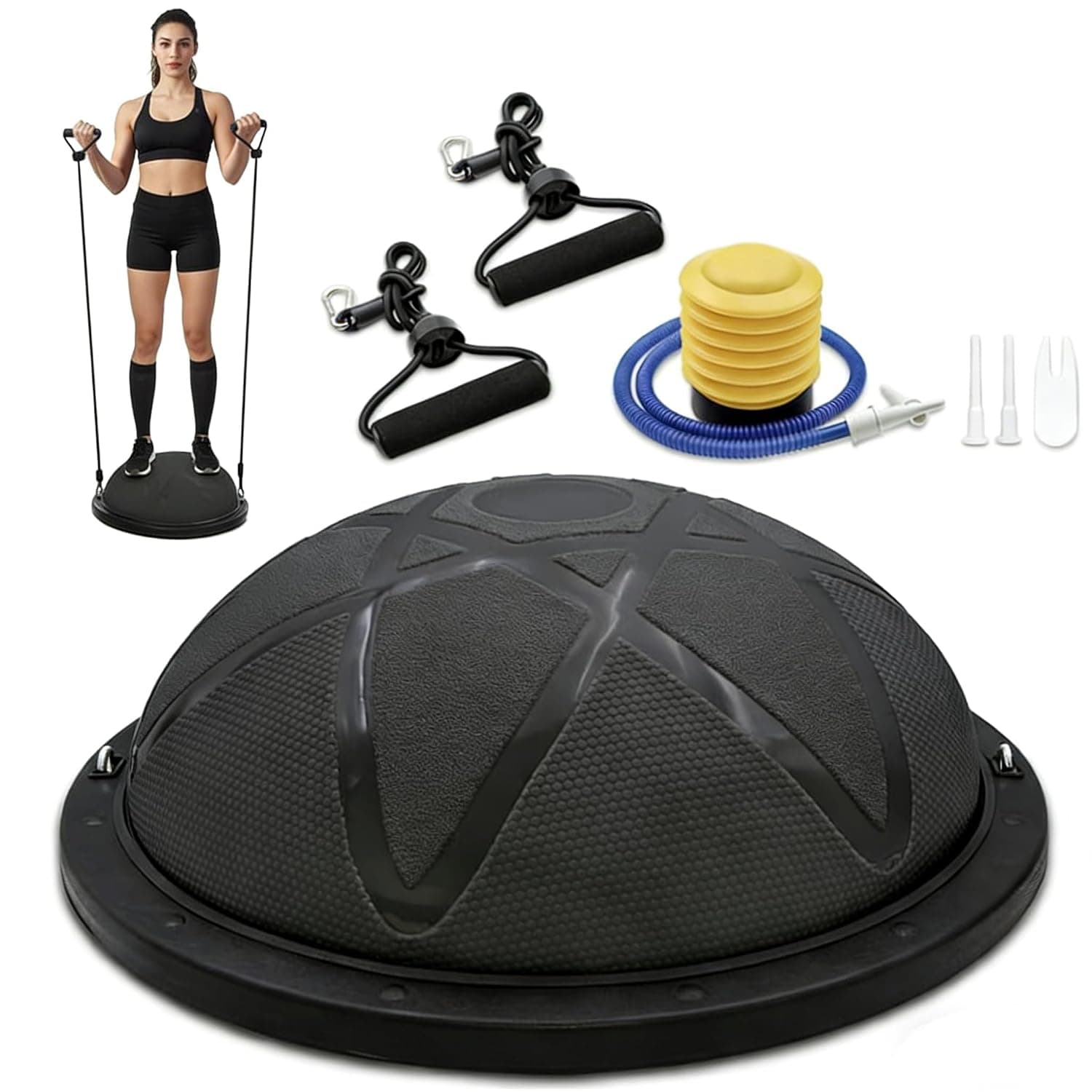 Half Balance Balls for Exercise, Half Yoga Exercise Ball with Resistance Bands and Foot Pump, Balance Trainer for Stability Training, Strength Exercise Fitness, Home Gym Workout Equipment