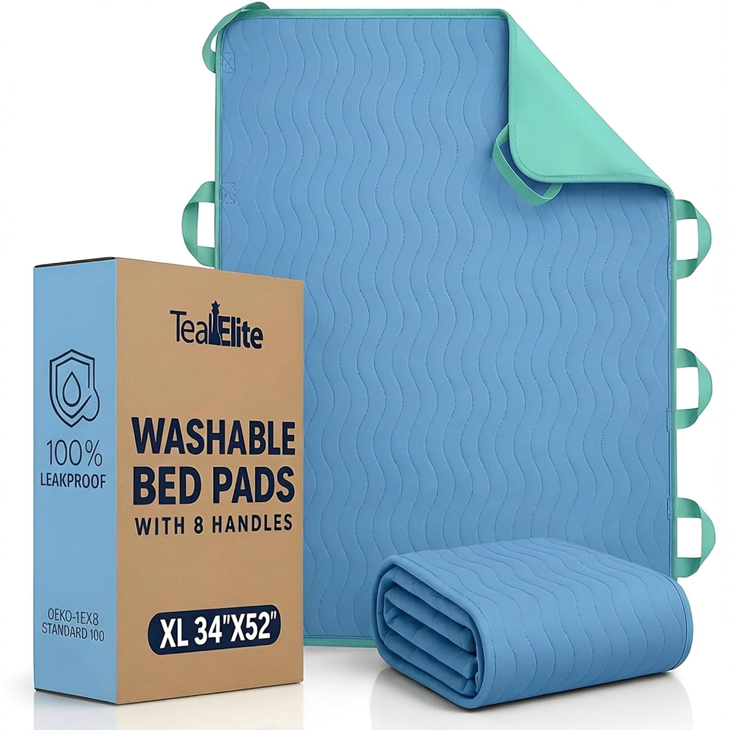 Teal Elite Washable Positioning Bed Pad with 8 Reinforced Handles – 34"x52" Waterproof, Quick-Dry, Absorbent Underpad for Elderly Care, Turning, Lifting & Incontinence Protection (Light Blue)
