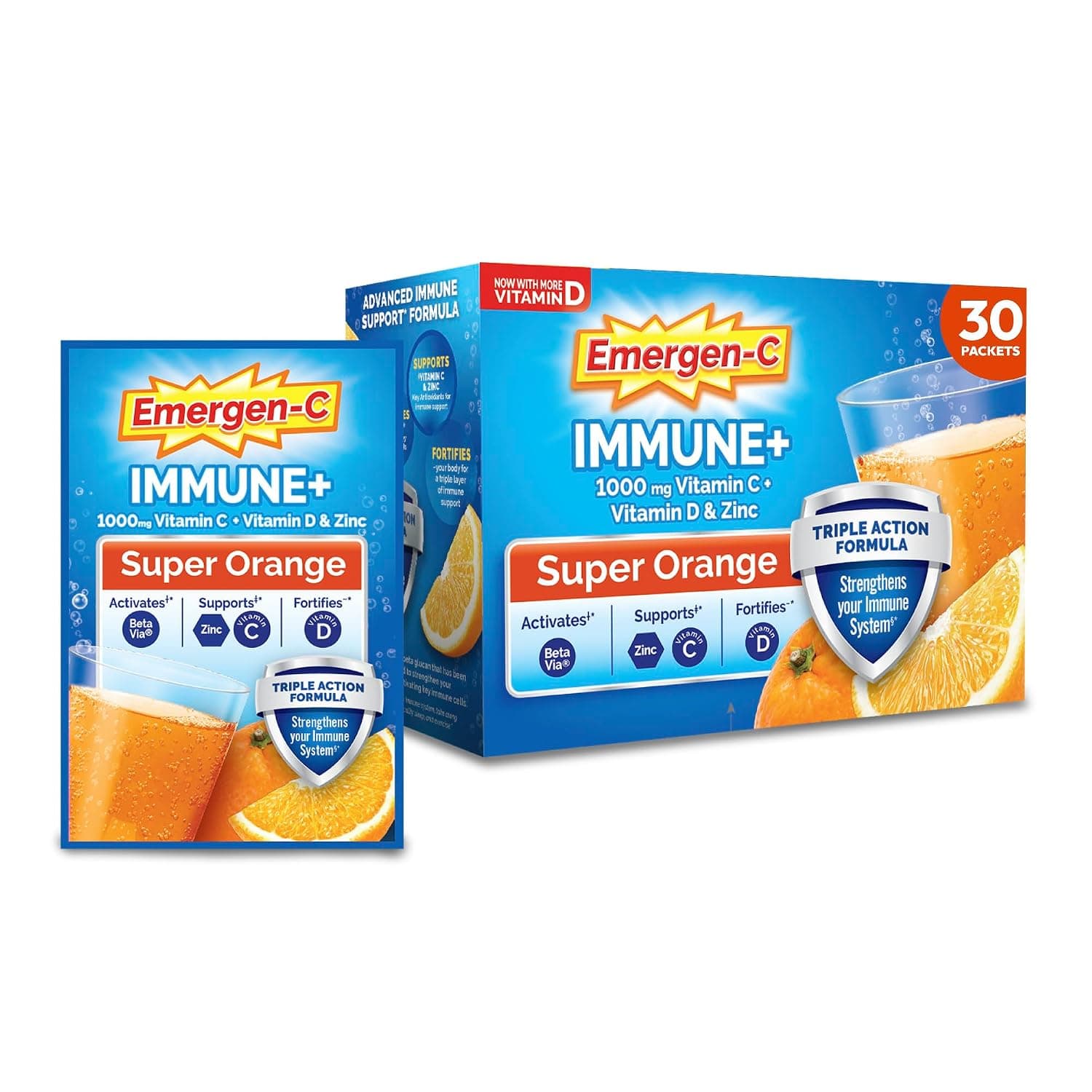 Emergen-C Immune+ 1000mg Vitamin C Powder, with Vitamin D, Zinc, Antioxidants and Electrolytes for Immunity, Immune Support Dietary Supplement, Super Orange Flavor - 30 Count/1 Month Supply | With BetaVia (R), 1000mg Vitamin C, B Vitamins, Vitamin D and Antioxidants, Super Orange, Back to School Essentials