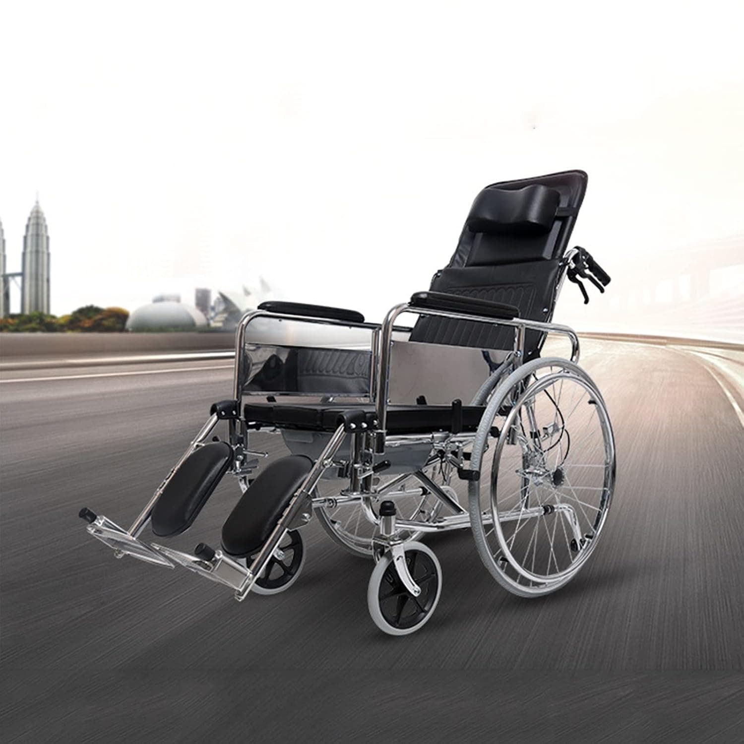 PEAMAN Lightweight Aluminium Wheelchair, Mobile Reclining Rolling Shower Wheelchair with Detachable Dining Table Arms and Elevating Legrest