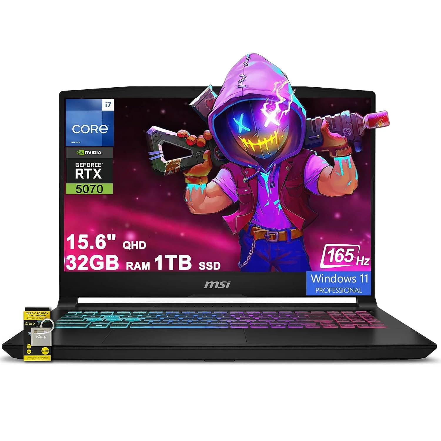 msi Katana 15 HX Gaming Laptop 15.6" QHD IPS 165Hz (100% DCI-P3) Intel 16-core i7-14650HX (>i9-12900H) 32GB DDR5 1TB SSD GeForce RTX 5070 DLSS4 (Up to 798 AI Tops) RGB Backlit Type-C Win11Pro ICP Hub