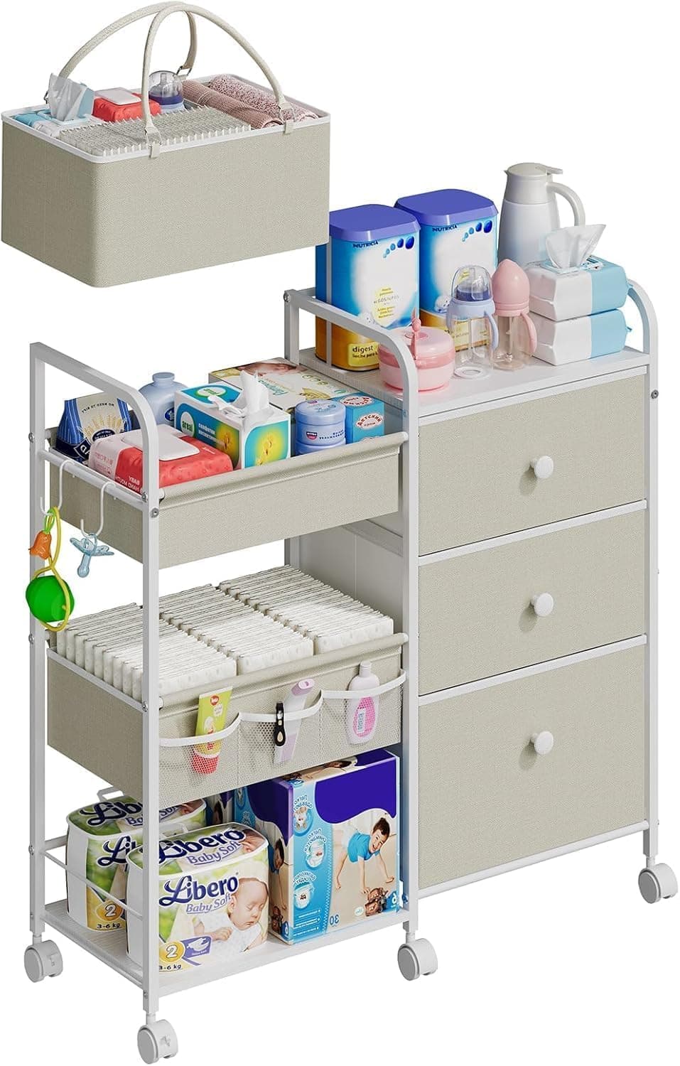 3-Tier Rolling Nursery Cart with Drawer & Dividers, Diaper Caddy & Baby Supply Organizer and Storage for Bedroom/Nursery, Max 15 lbs per Shelf