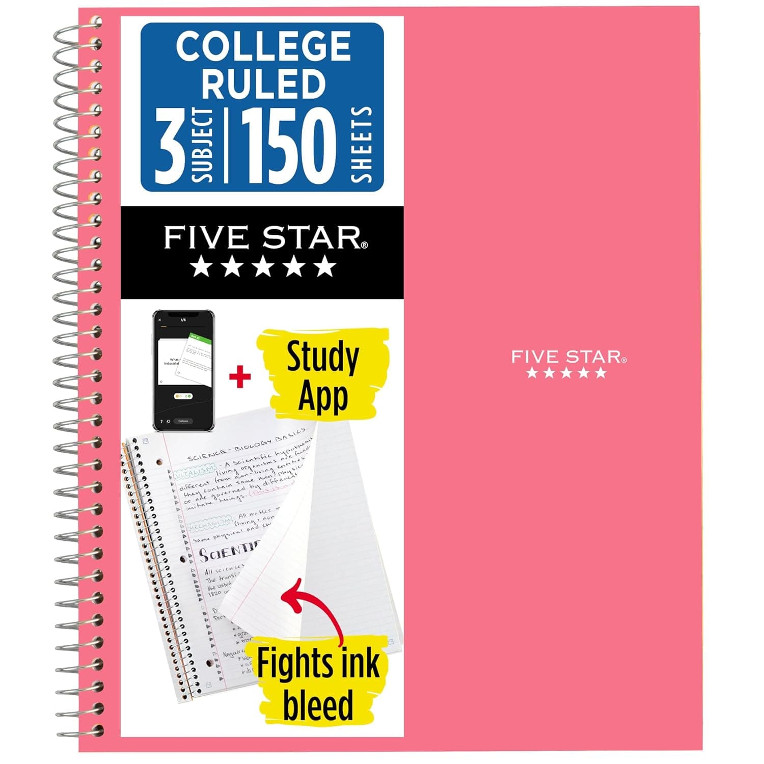 Five Star Spiral Notebook + Study App, 3 Subject, College Ruled Paper, 8-1/2" x 11", 150 Sheets, Fights Ink Bleed, Water Resistant Cover, Prom Pink (820003R)