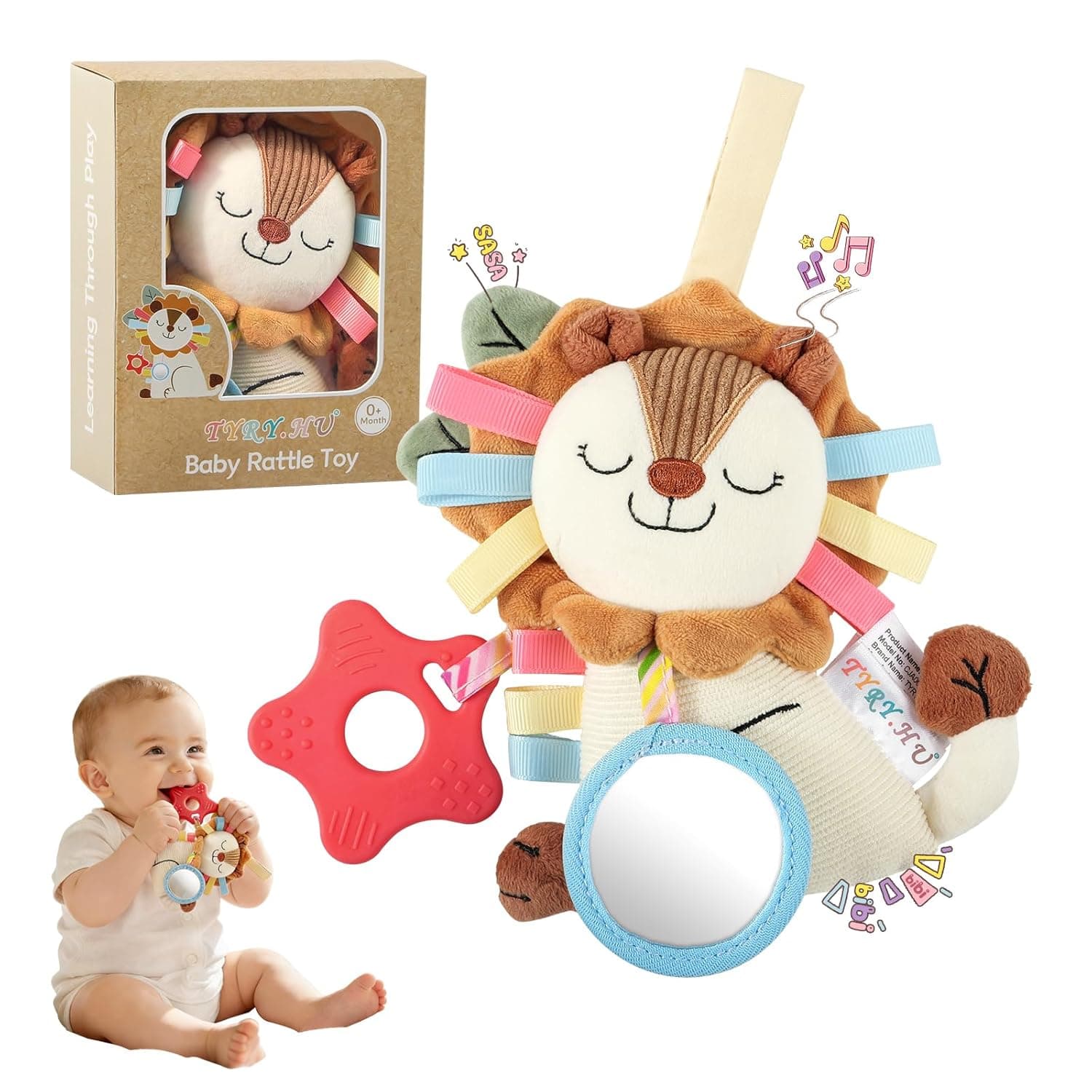 TYRY.HU Car Seat & Stroller Toy,Lion Pram Toy,Soft Plush Stroller & Cot Hanging,Textured Ribbons & Crinkle & Rattle Sounds & Silicone Teether & Mirror for Babies 0 Month+, Lion