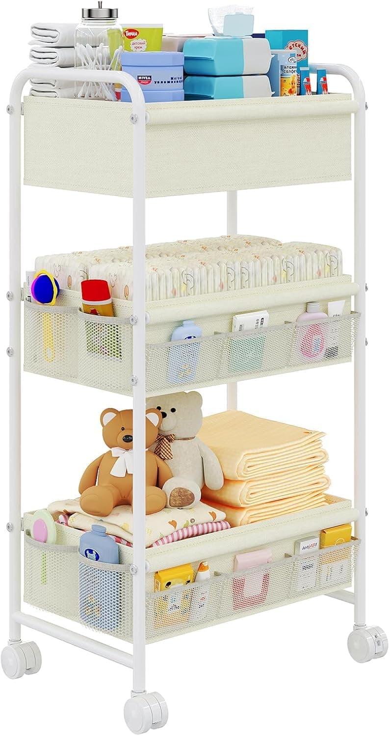 Baby Diaper Caddy Cart Organizer 3-Tier, Mobile Nursery Storage Cart with Wheels, Durable Metal Utility Cart with 2 Dividers & 14 Mesh Pockets for Nursery, Bedroom, Bathroom Essentials Organization