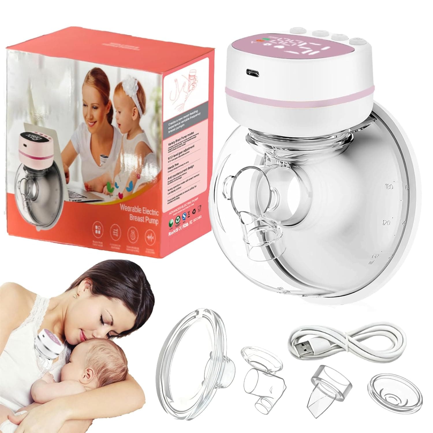 Electric wearable breastfeeding pump Hands Free, Low Noise and Pain Free, Longer Battery Life & LED Display Wireless, 6oz/180ml,3 Modes 9 Levels Suction，white-pink