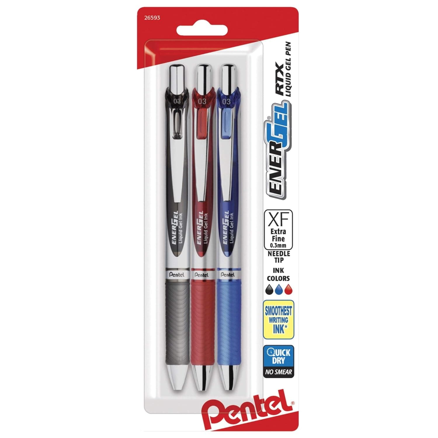 Pentel Gel Ink Pen, Retractable Gel Pen, (0.3mm) Needle Tip, Extra Fine Point, Assorted Ink Colors, 3-Pk (BLN73BP3M)