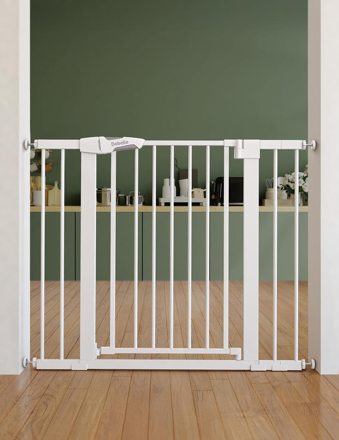 BABELIO Easy Install Extra Wide Pressure Mounted Metal Baby Gate, No Drilling, No Tools Required, 26-40 Inch with Wall Protectors and Extenders, Ideal for Narrow or Wide Area (White)