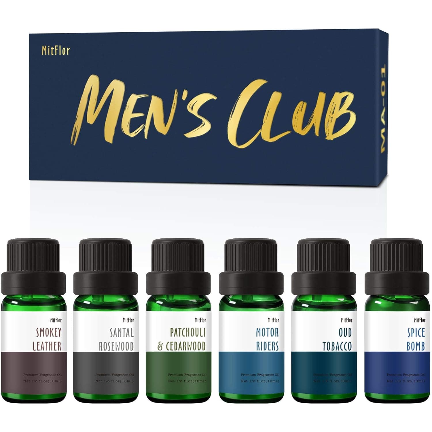 MitFlor Men's Club Set of Fragrance Oil, Premium Scented Oils, Essential Oils Gift Set for Men, Soap & Candle Making Scents, Oud Tobacco, Patchouli & Cedarwood, Leather, Santal Rosewood and More
