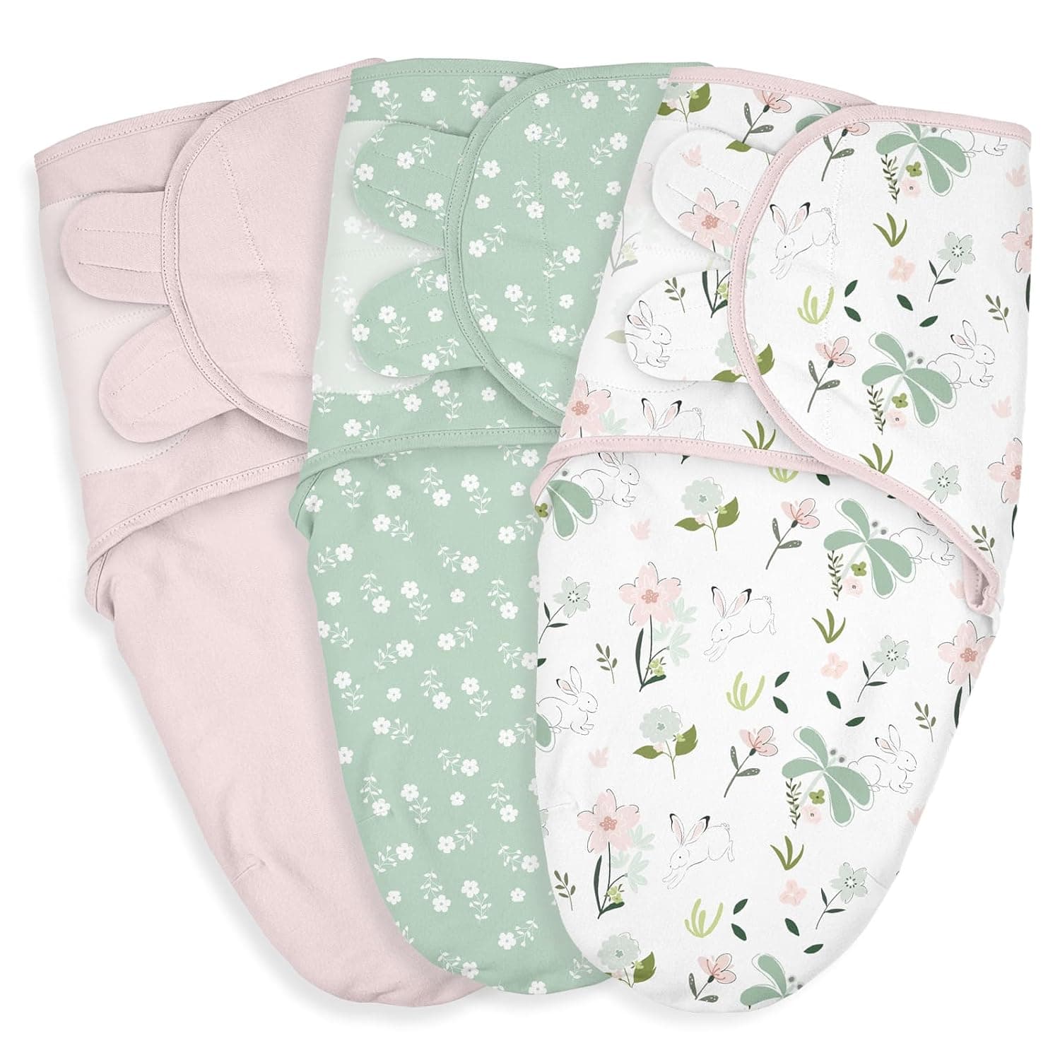 LYRICHOM BABY Original Swaddle Sleep Sacks, 3 Pack Newborn Wearable Blanket, Swaddle Blanket, Nursery Swaddling Essentials for Boys and Girls 0-3 Months, Infant Shower Items Gift (Flowers & Rabbits)