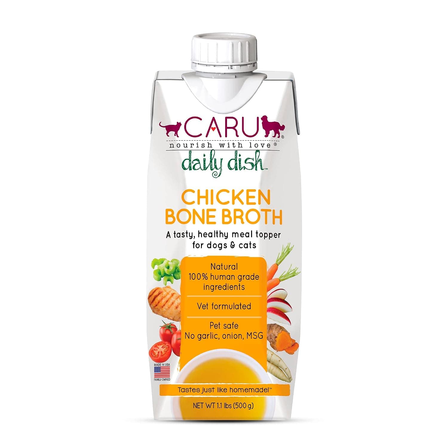 CARU Daily Dish Broth Chicken Broth 500gr Cat & Dog Food | For Dogs & Cats - Supports Overall Health - Broth for Wet/Dry Food - Human Grade Ingredients - Non-GMO - Made in USA