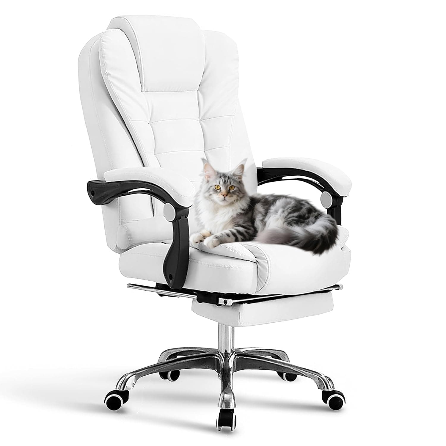Bentifar Ergonomic Office Chair with Footrest, High Back PU Leather Desk Chair with Lumbar Support, Reclining Executive Computer Chair with Adjustable Height and Swivel Wheels, White
