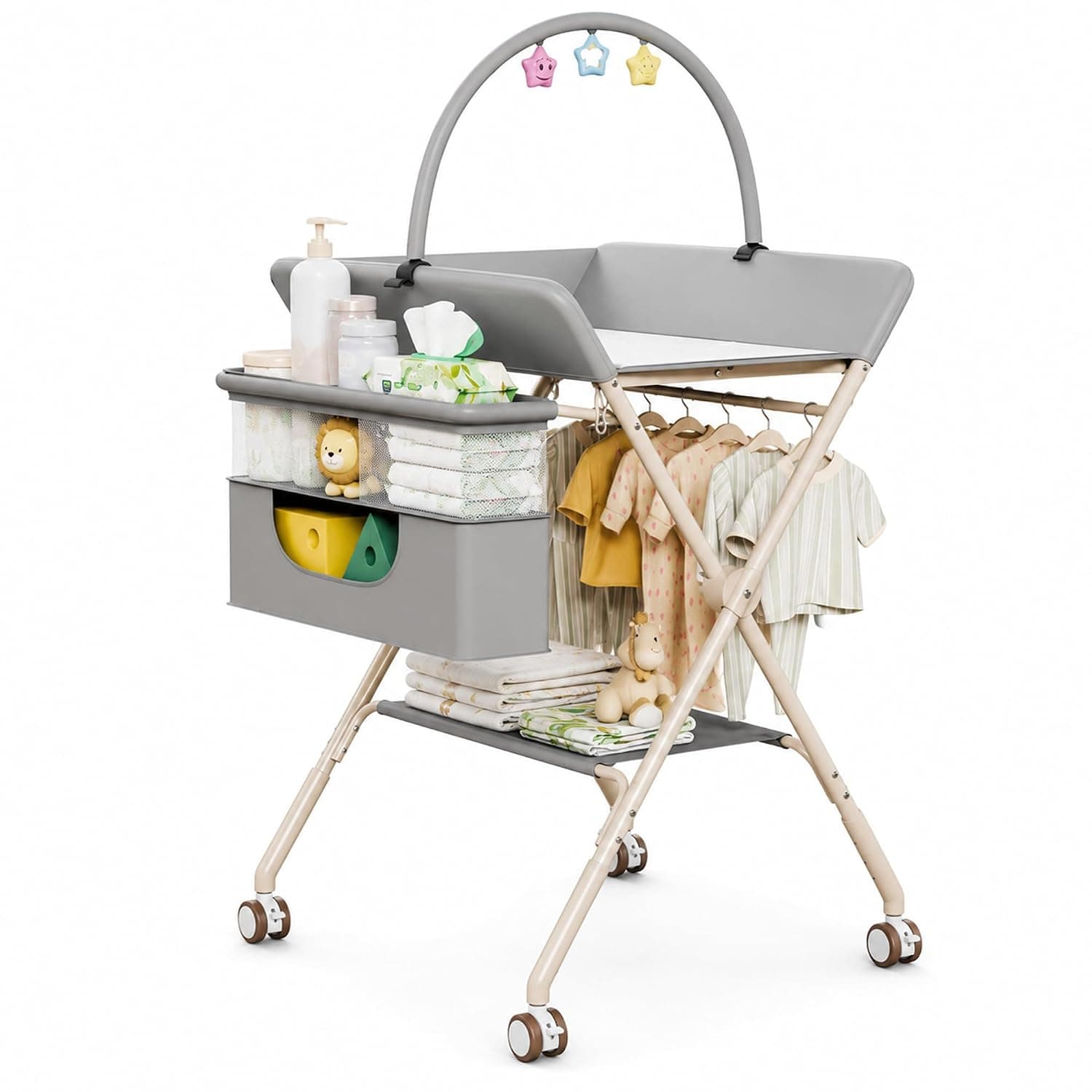 Baby Changing Table with Wheels, 4-Level Adjustable Height Folding Diaper Changing Station, Portable Nursery Organizer with Storage Basket & Rack, Baby Diaper Table for Newborns and Infants