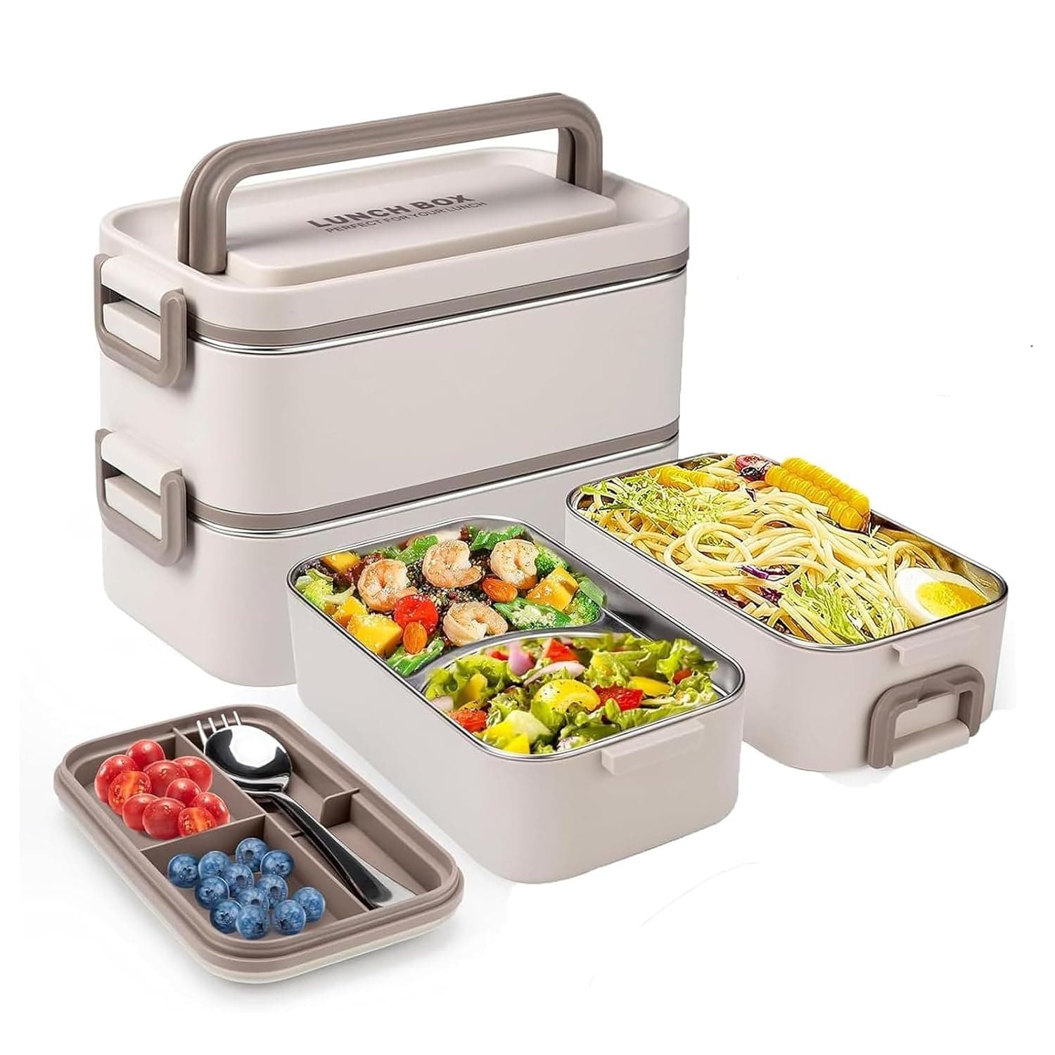 Beauenty 304 Stainless Steel Lunch Box, Large Capacity Leakproof Bento Box with Cutlery and Soup Bowl, Microwave Safe Food Container for Work and Picnic(Three-tier)