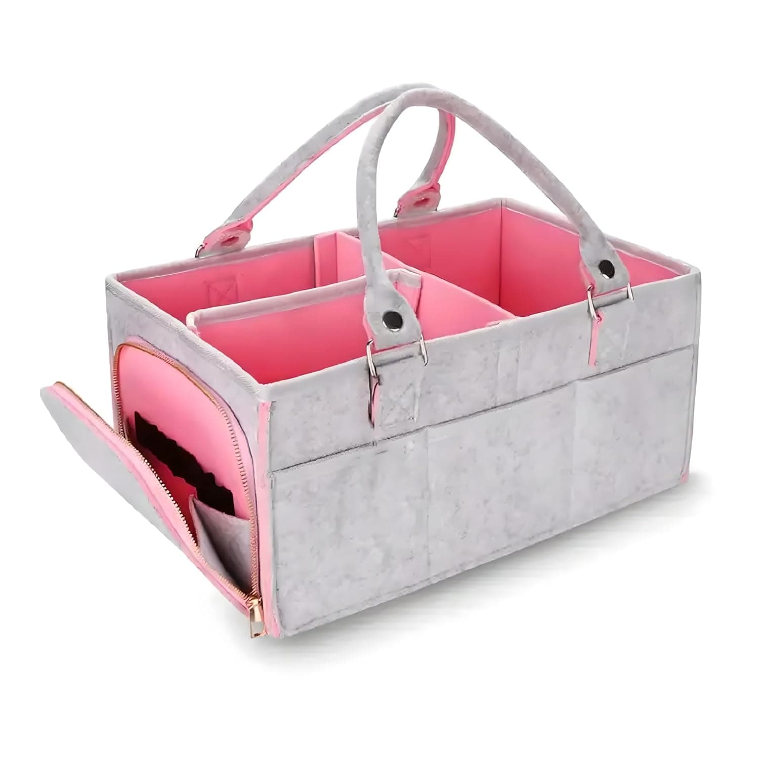 LEFAFA Baby Diaper Caddy Organizer, Portable Baby Diaper Storage Basket for Changing Table and Car, With Zipper and Compartments, Nursery Storage Bin for Diapers, Wipes and Toys for Newborn (PINK)