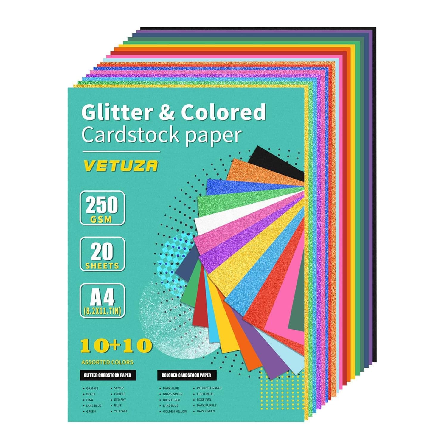 A4 Glitter Card Paper, 250gsm Colored Cardstock Paper Bundle, 10Pcs Colorful Glitter Cards and 10Pcs Colored Cardstock Papers for DIY Crafts, Gift Wrapping, Scrapbook Decoration, Kids Craft