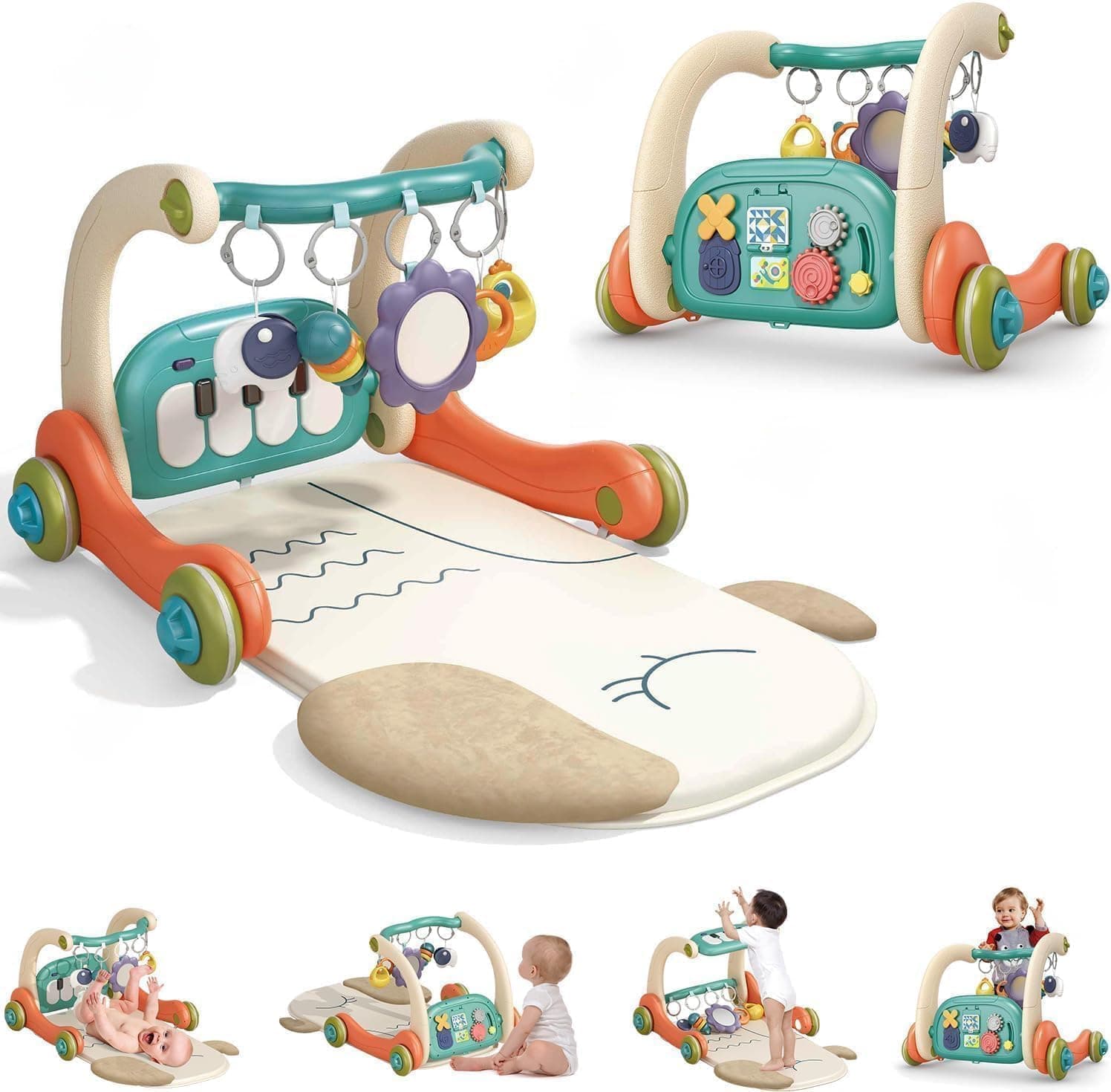 Baby Gym Play Mat Baby Walker, Kick Play Piano Gym with Music Light Musical Activity Center Tummy Time Play mat with Rattles for Infants 5 Learning Sensory Toys Newborn Toddler Push Walker