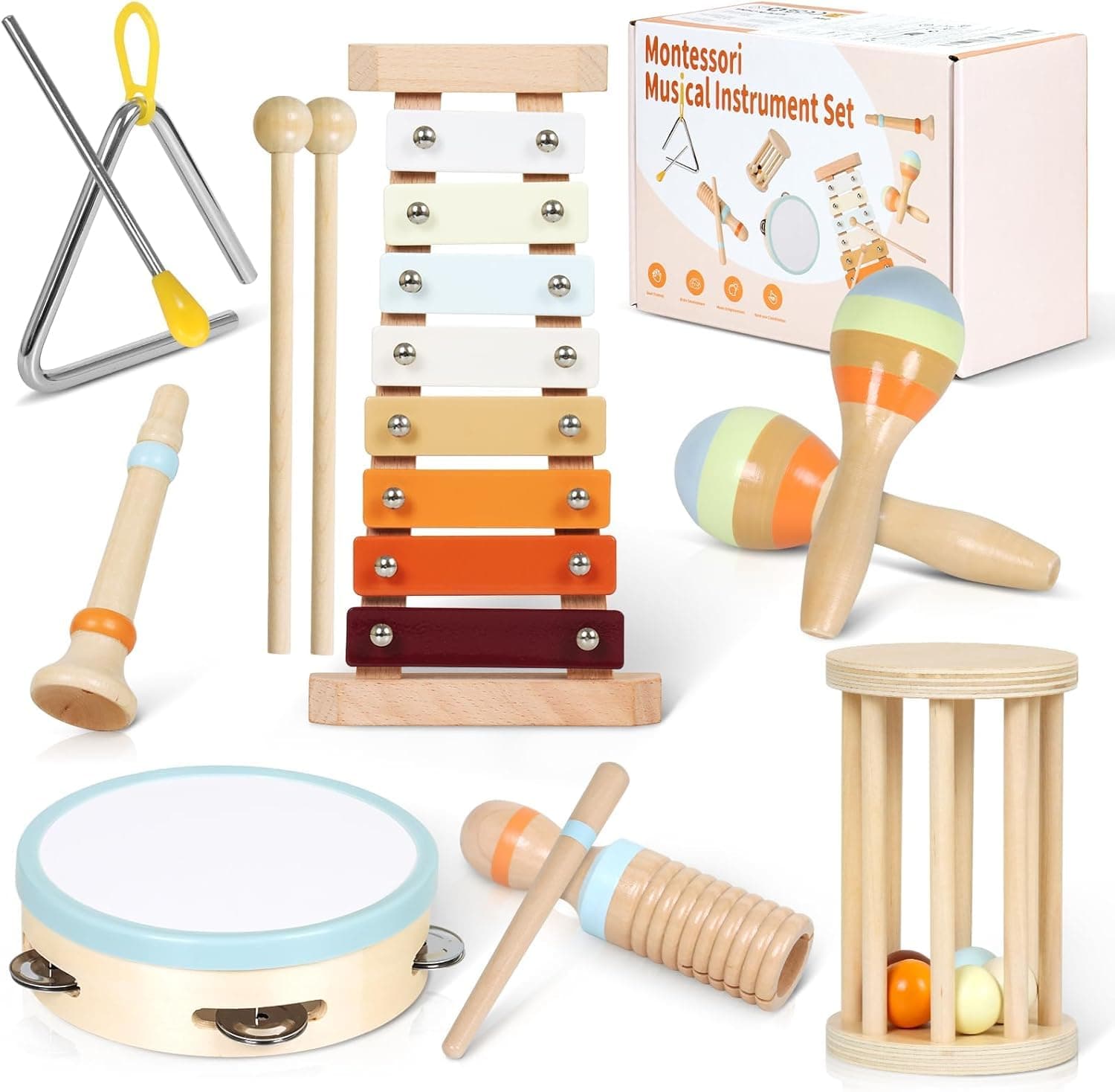 SKY-TOUCH Montessori Wooden Musical Instrument Set, Percussion Baby Xylophone Toy, Children's Birthday Gift, Baby Music Educational Toy, with Storage Bag, Suitable for Children Over 12 Months+