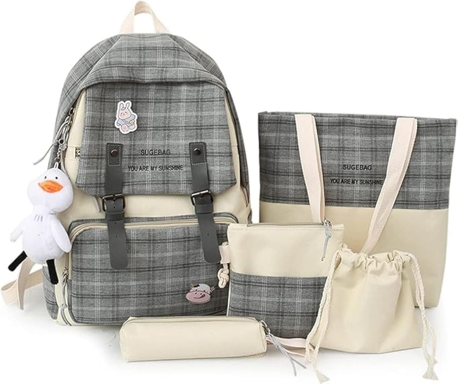 GGEROU Kids Backpack set 5Pcs Aesthetic School Bags,Aesthetic Backpack Cute Kawaii School Bag with Pendant Lunch Bag,Pencil Case,Handbag,Coin Purse (Plaid Black)