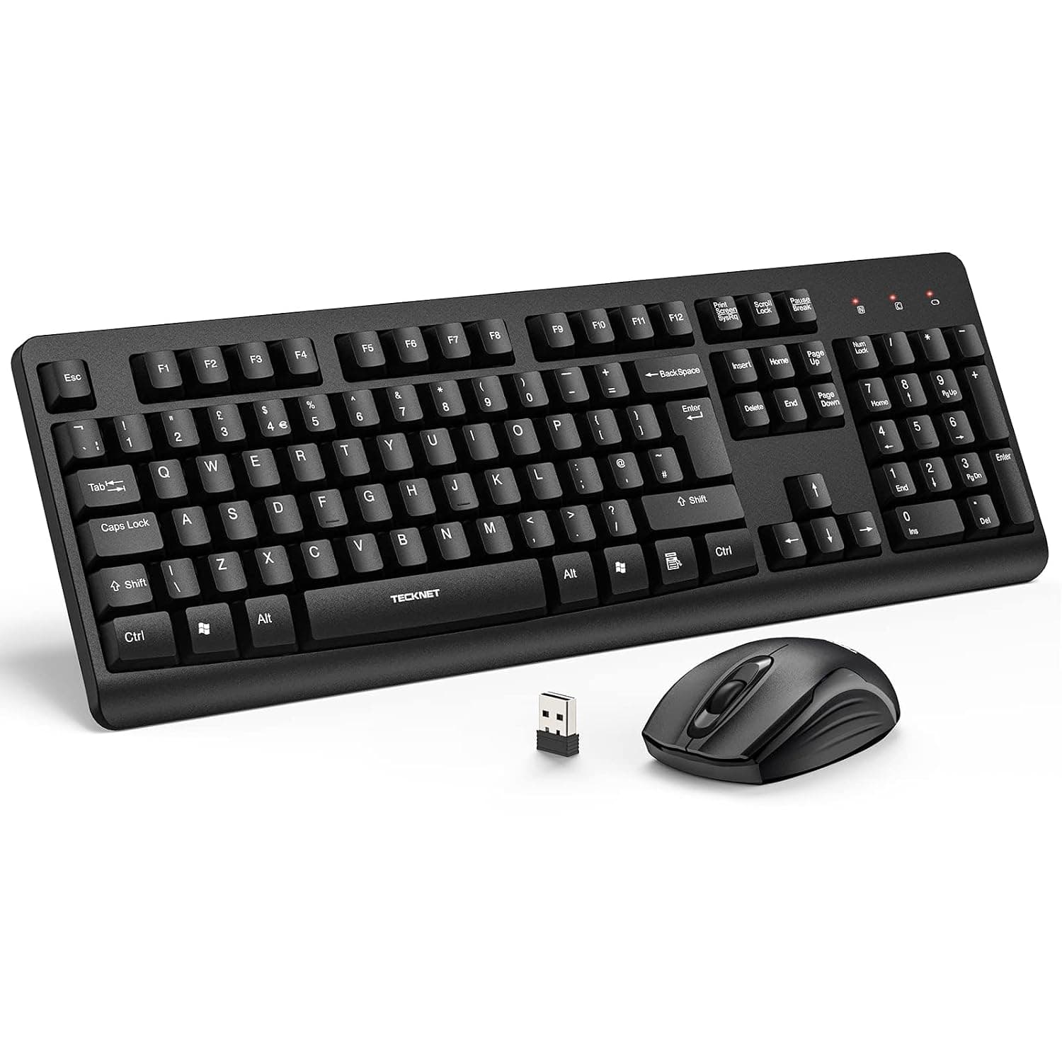 TECKNET Wireless Keyboard and Mouse Set, Ergonomic 2.4G Cordless Keyboard & Mouse Combo Silent, Full-Size, Spill-Resistant with Nano USB Receiver for PC, Laptop, Computer - QWERTY, UK Layout, black