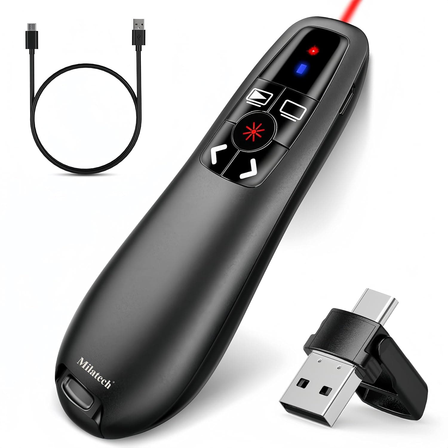 Rechargeable Wireless Presentation Clicker, 2.4GHz 100FT Range, Type C & USB A 2-in-1 Laser Pointer Remote with Volume Control, for PC/Mac/Computers, PowerPoint/PPT Presentations (R400)