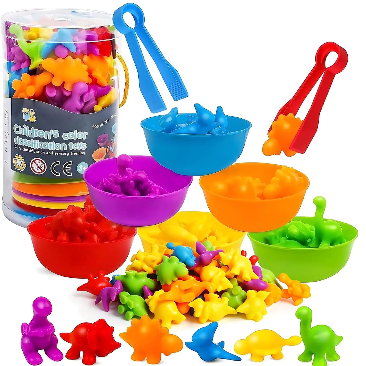 Andanna 36 Dinosaur Animal Sorting Toys for Toddlers, Colorful Counting Dinosaurs with Sorting Cups & Tweezers – Toddler Learning Toys Manipulatives Fine Motor Skills Color Recognition