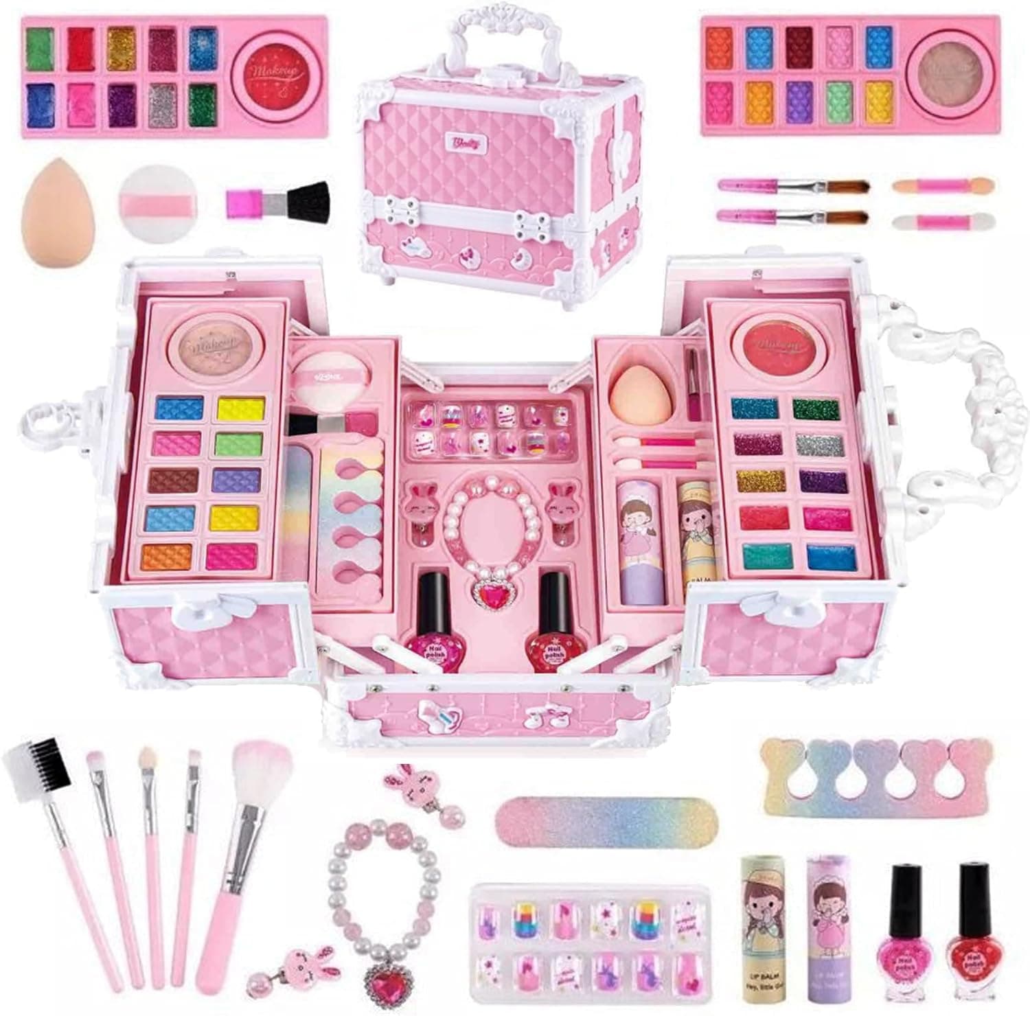 Beauenty Kids Makeup Kit, Real Kids Makeup Set Washable Makeup Set Toys for Girls with Portable Makeup Box Including Lipstick, Eye Shadows and So On, Toys for Girls Aged 5 6 7+ Year Old (A)