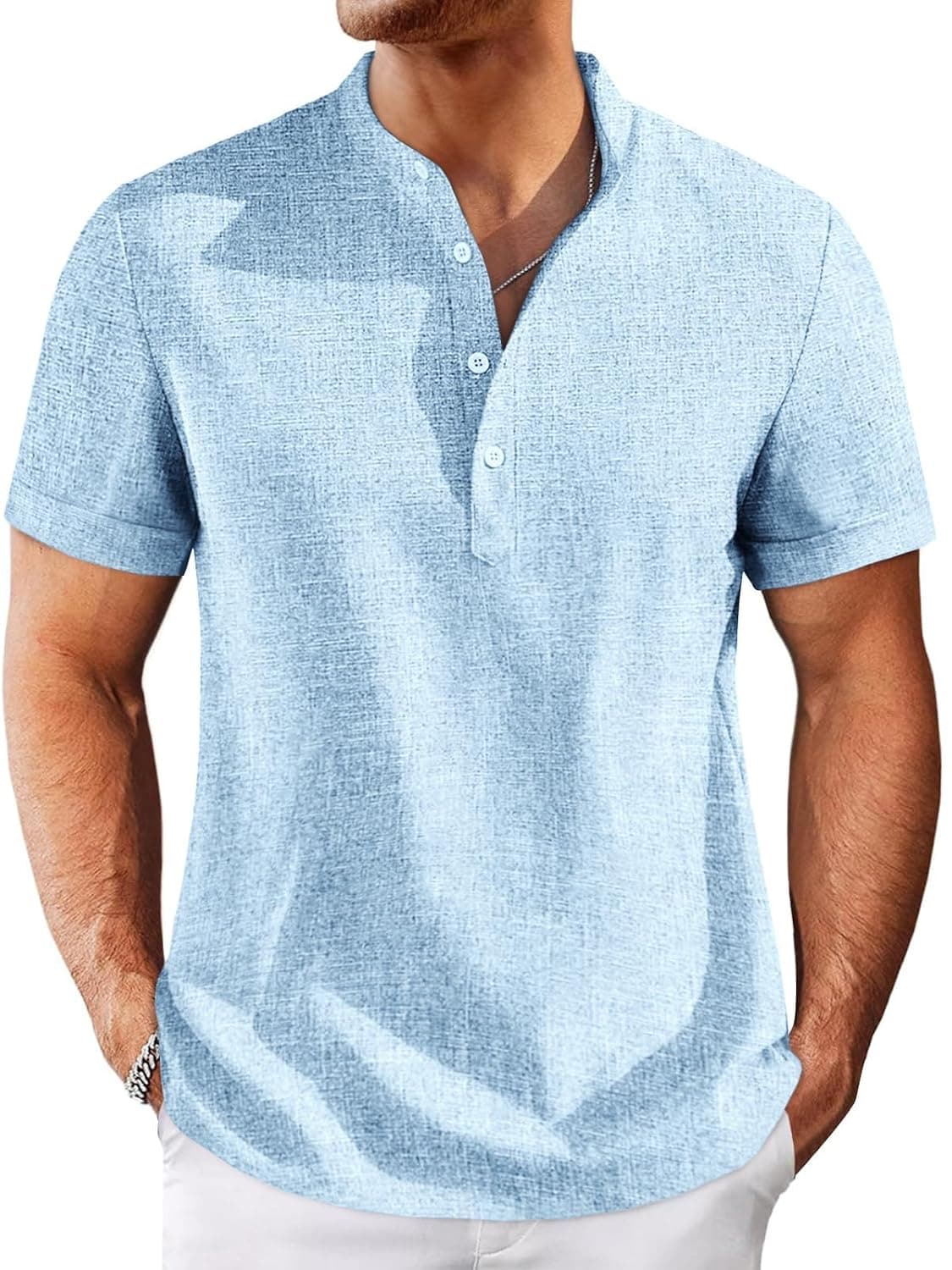 Runcati Mens Henley Shirts Short Sleeve Casual Linen Band Collar T-Shirt Summer Beach Vacation Tops