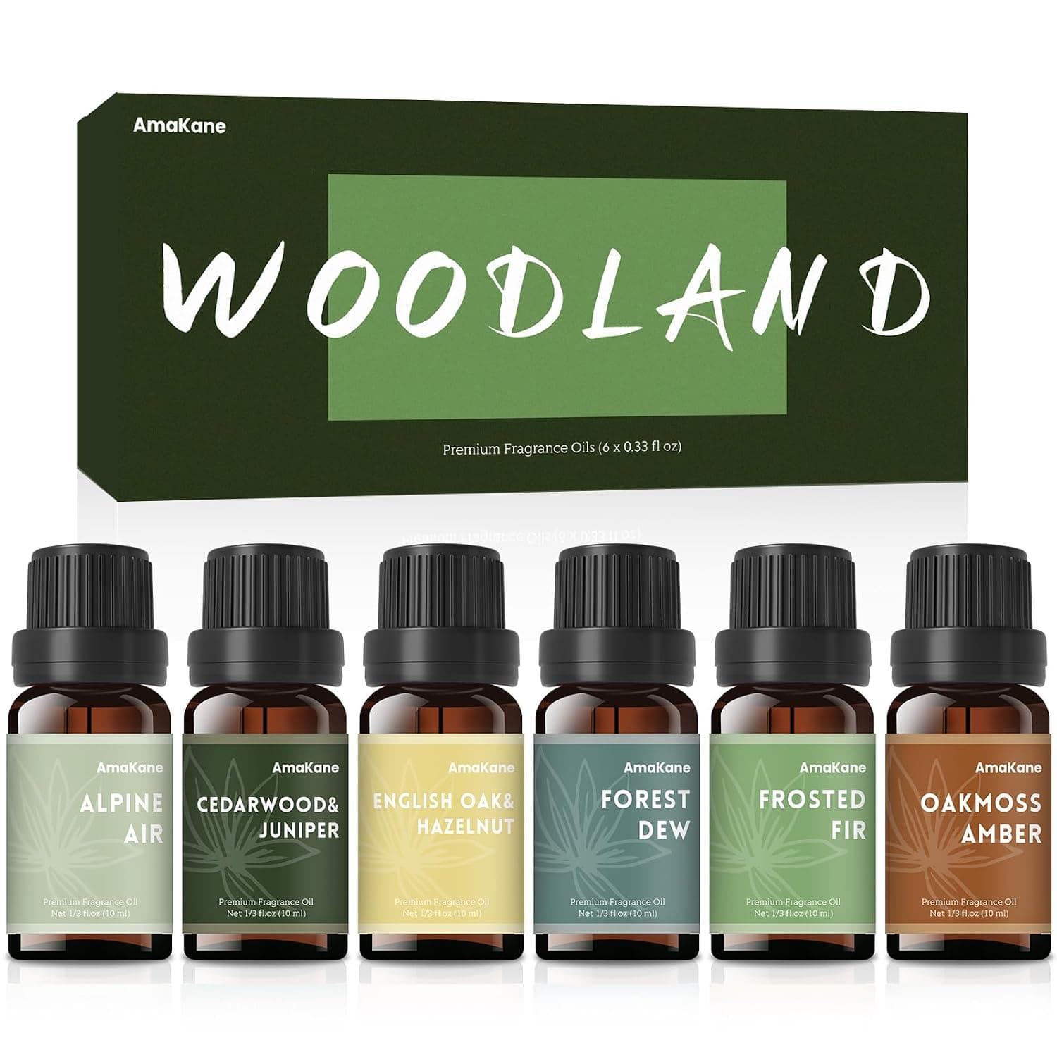 AmaKane Woodland Fragrance Oil, Forest Diffuser Oil Scents, Candle Scents for Candle Making, Soap Making Scents, Frosted Fir, Cedarwood&Juniper, Oakmoss Amber and More Essential Oils 6x10ml
