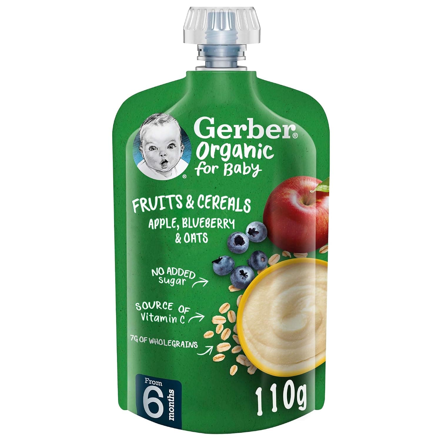 Gerber Organic Baby Food Puree Pouch Apple, Blueberry & Oats, Source of Vitamin C, No added sugar, No artificial flavors, No preservatives, 110g (6m+)