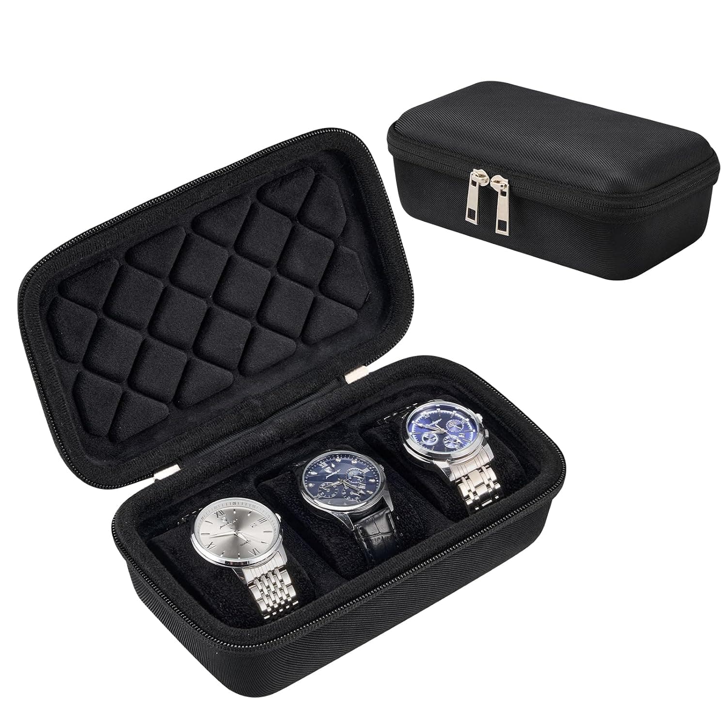 ProCase Travel Watch Case, 3 Slots Hard Shell Storage Box for Watch Bracelet Accessories, Zippered Organizer Bag for Women Man -Black