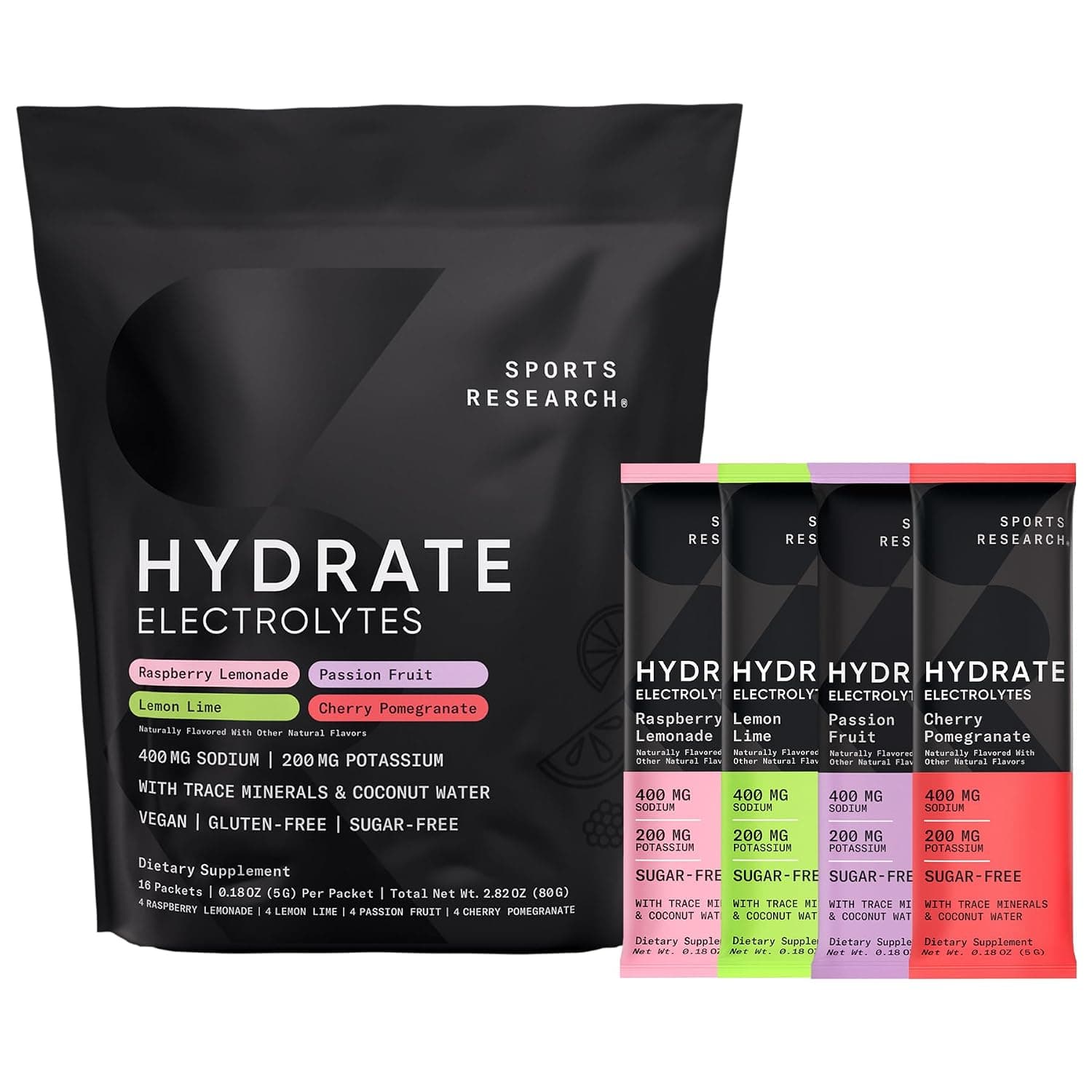 Sports Research® Hydrate Electrolytes Powder Packets - Sugar-Free & Naturally Flavored with Vitamins, Minerals, and Coconut Water - Supports Hydration - 16 Packets - Variety Pack | Sugar-Free Passion Fruit (4), Cherry Pom. (4), Lemon Lime (4), Raspberry Lemonade (4) w/ Vitamins, Minerals, & Coconut Water
