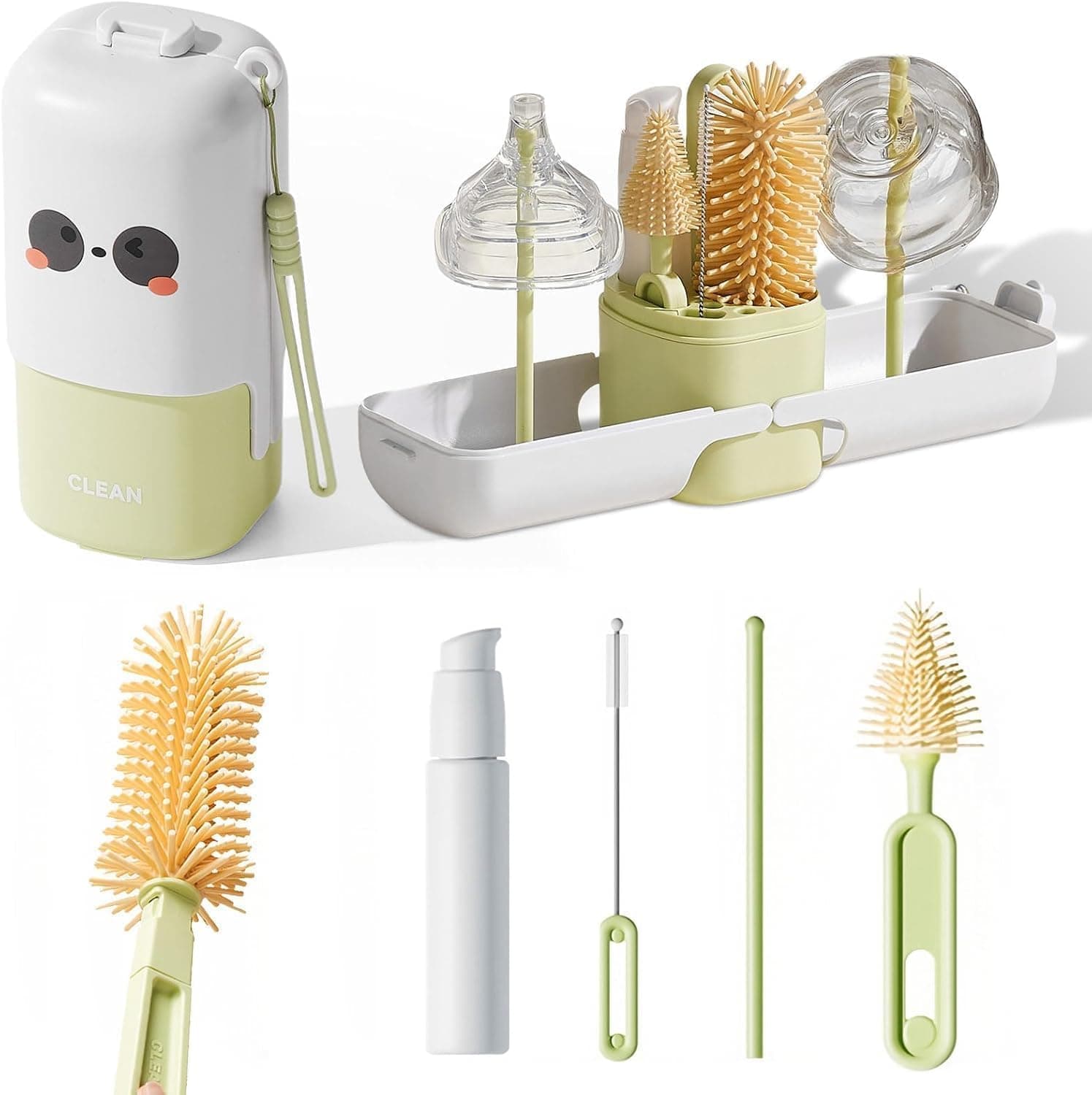 Tazweeq Baby Bottle Brush Set, 7-in-1Travel Baby Bottle Cleaner Kit, with Nipple Brush, Silicone Bottle Brush, Straw Cleaner Brush, Soap Dispenser, Bottle Drying Rack, for Home and Travel(Green)