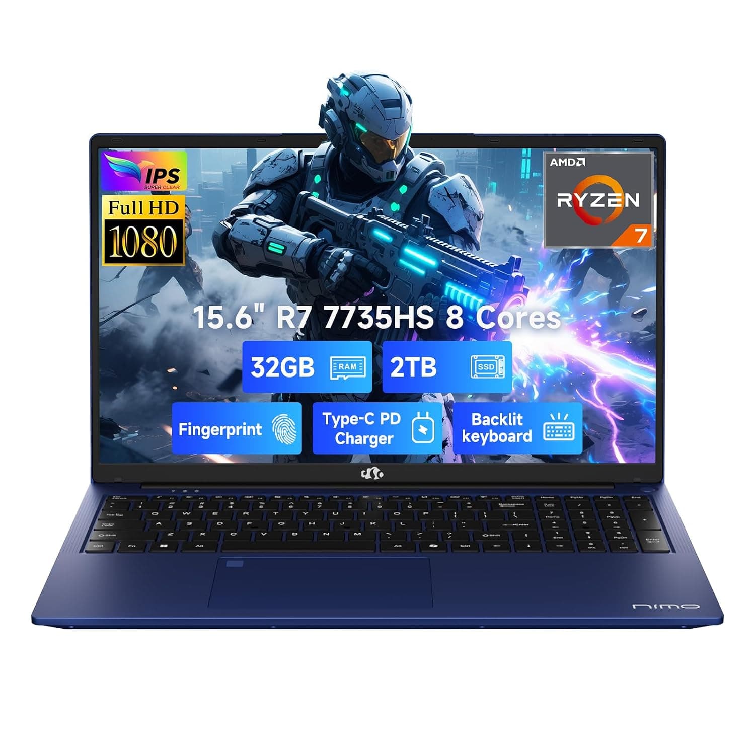 NIMO 15.6" IPS FHD Gaming-Laptop, 8 Cores Ryzen 7 7735HS 32GB DDR5 RAM 2TB SSD (Beats i7-12650H, Up to 4.75GHz) Computer with Radeon 680M 100W Type-C Backlit Keyboard Fingerprint Unlock, Blue