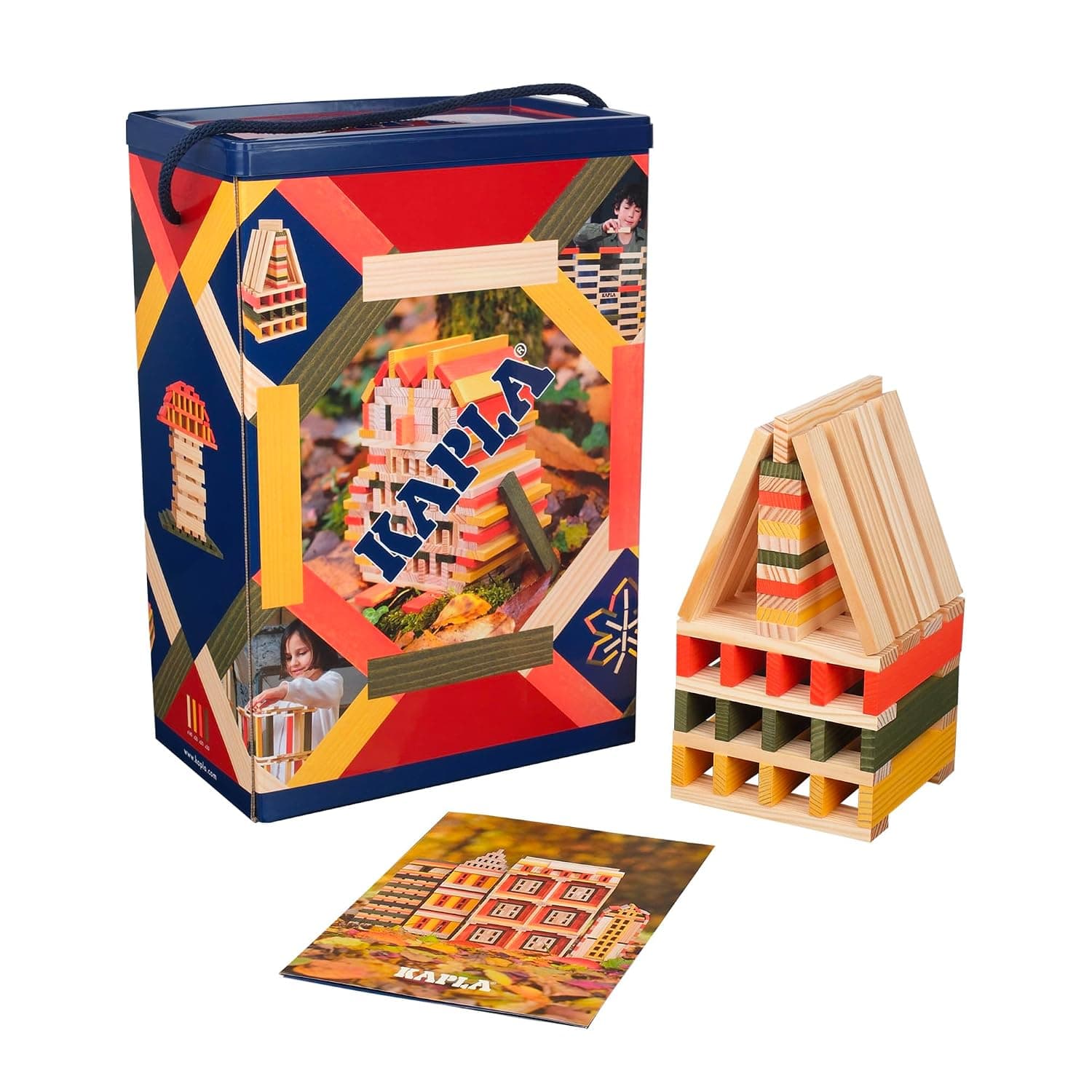 KAPLA Autumn Barrel 200 Coloured Planks (Orange, Green and Yellow) with its Construction Notebook, Wooden Toy, Construction Set, from 2 Years Old