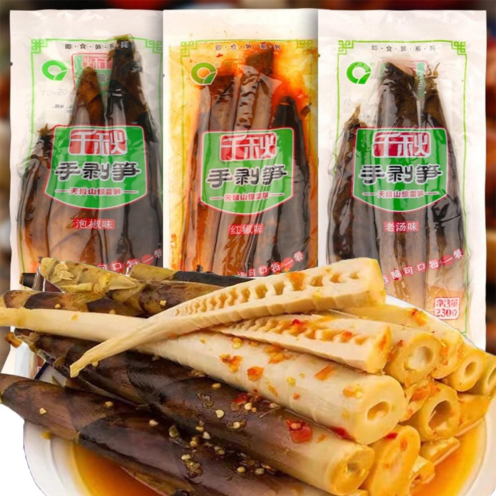 Bamboo Shoots，Bamboo Shoots Canned，Chinese Snacks，Chinese food，Pickled pepper Crispy Bamboo Shoots，230g/pack,Peeled Bamboo Shoots，Aged Soup，Pickled Peppers ，Spicy Strips Mix Match Taste（3pack）