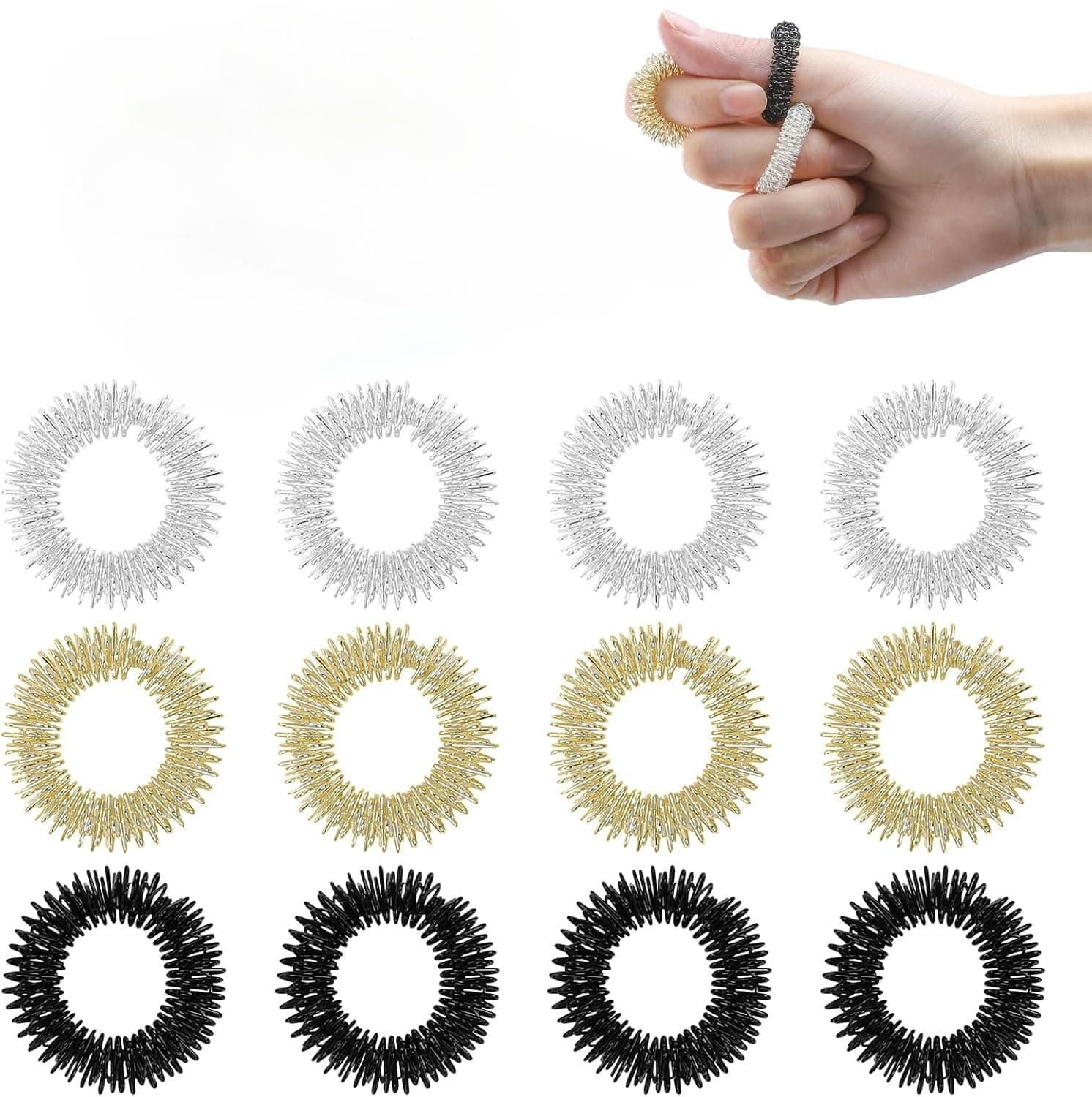 12-Piece Acupressure Ring, Finger Massage Ring Set for Stress Relief, Relaxation and Promote Blood Circulation, 30 mm, Fidget Ring (Gold/Silver/Black)