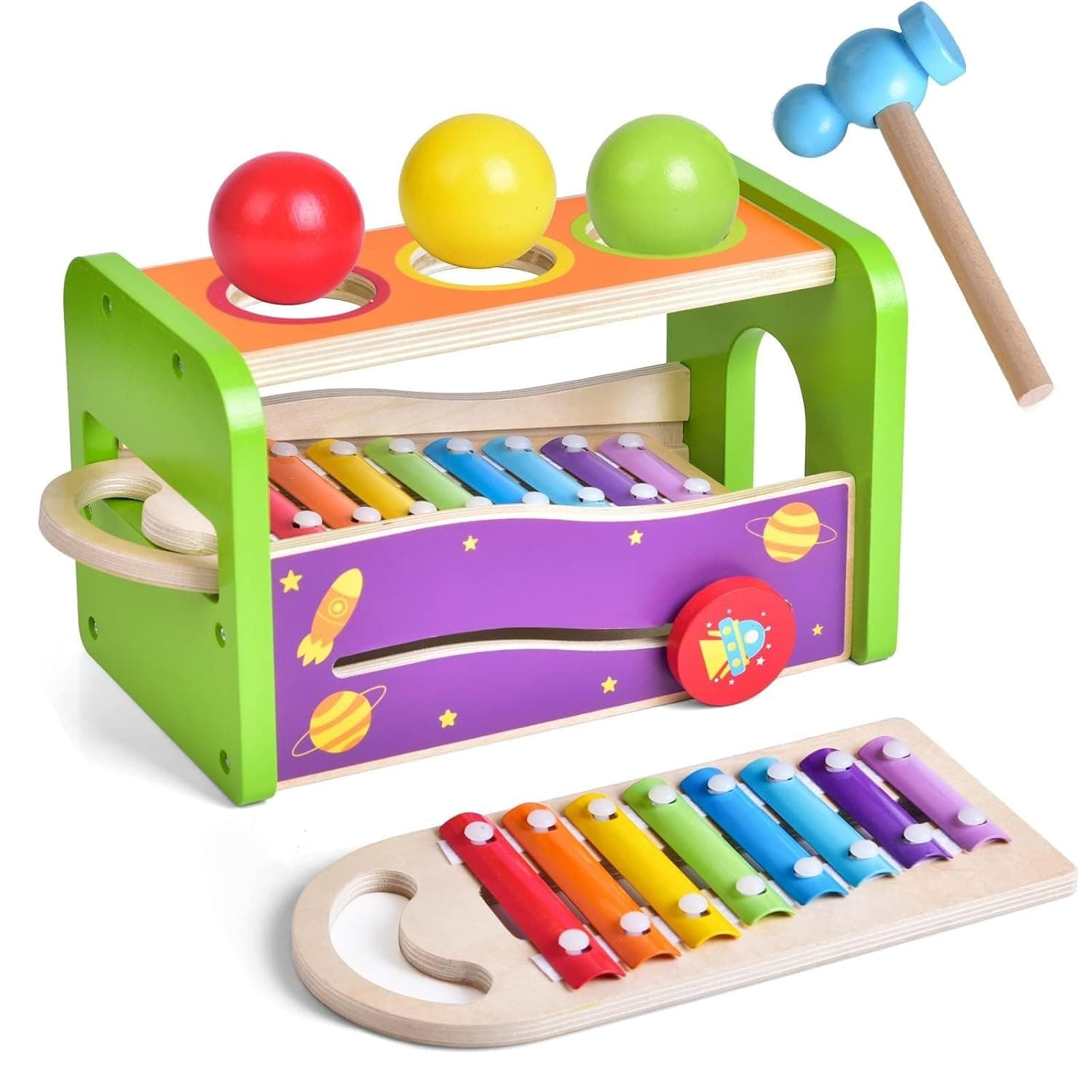Joyzzz Hammering Pounding Toys, Wooden Xylophone Pounding Bench with 3 Balls, Montessori Educational Sensory Fine Motor Skills Learning Gift for 1 2 3 Year Old Toddlers Preschool Kids