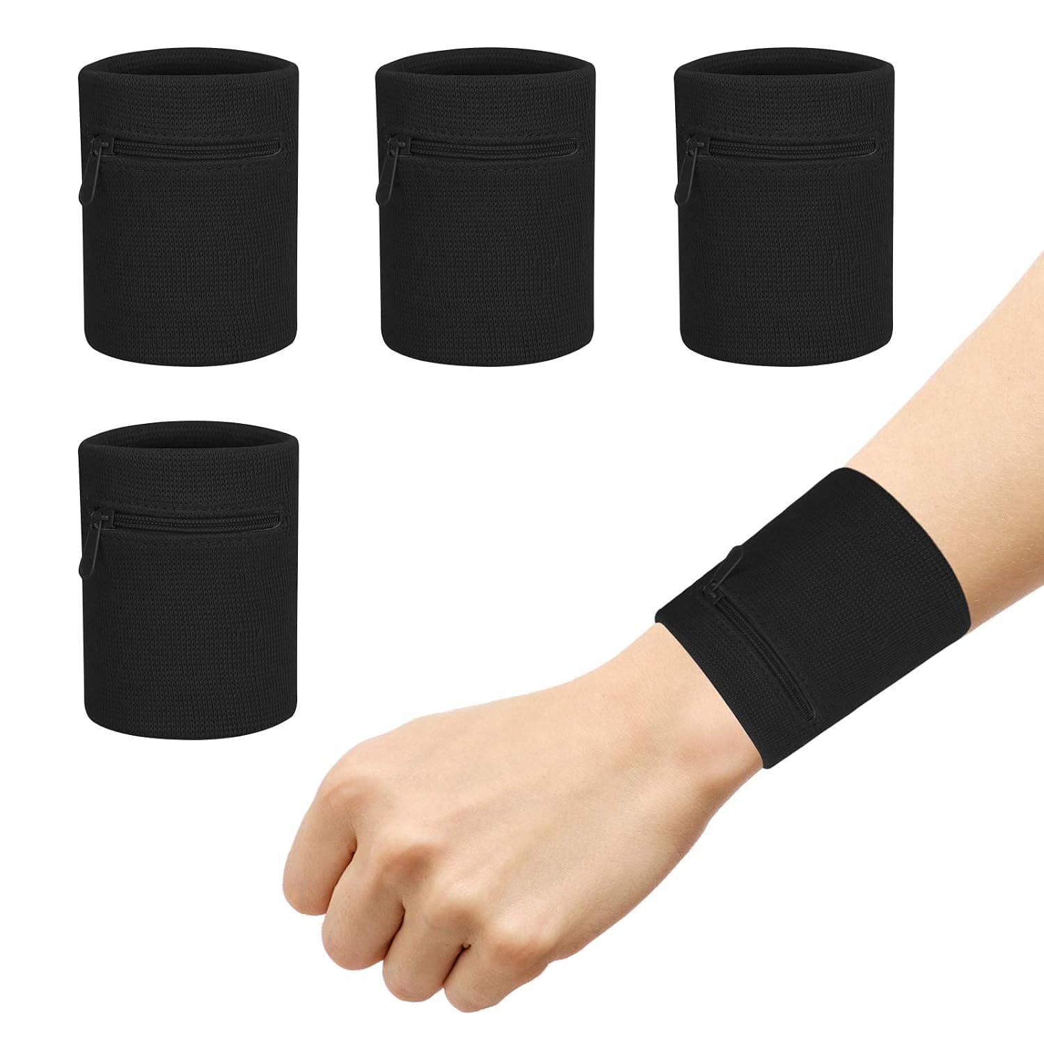 Zipper Sports Wristband, NALACAL Exercise Gym Zipper Sweatband Wristband Wrist Wallet Pouch Sports Wristband with Pocket for Outdoor Walking HikingSports Running Travel (4 Pcs Black)