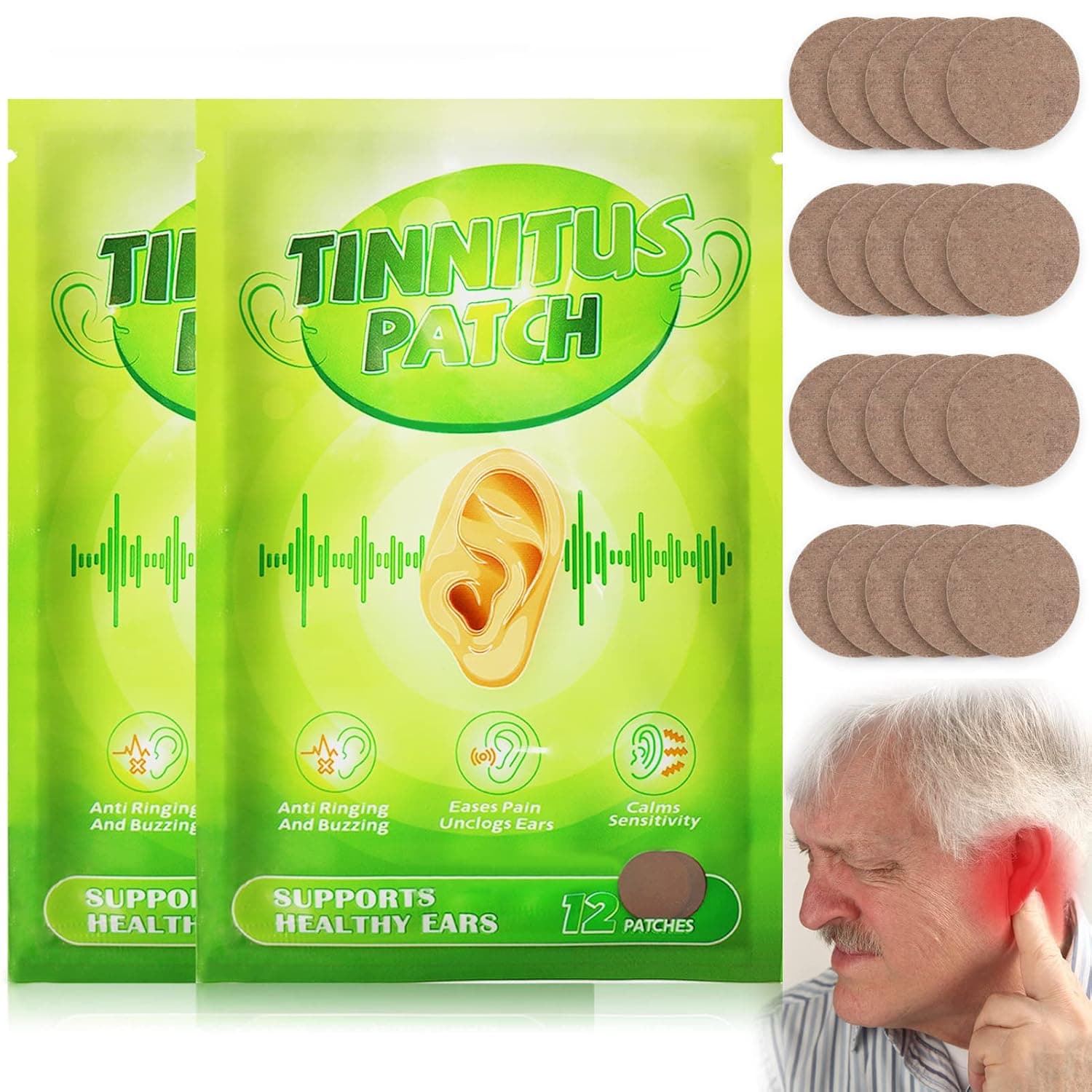 Relief Tinnitus Ear Patch, Herbal Ringing Ear Care Relief Patches, Ear Infection Treatment Plaster Health Care for Hearing Loss and Ear Pain Relief, Soothing Ear Pain, Itchiness(2 Pack, 24Pcs)