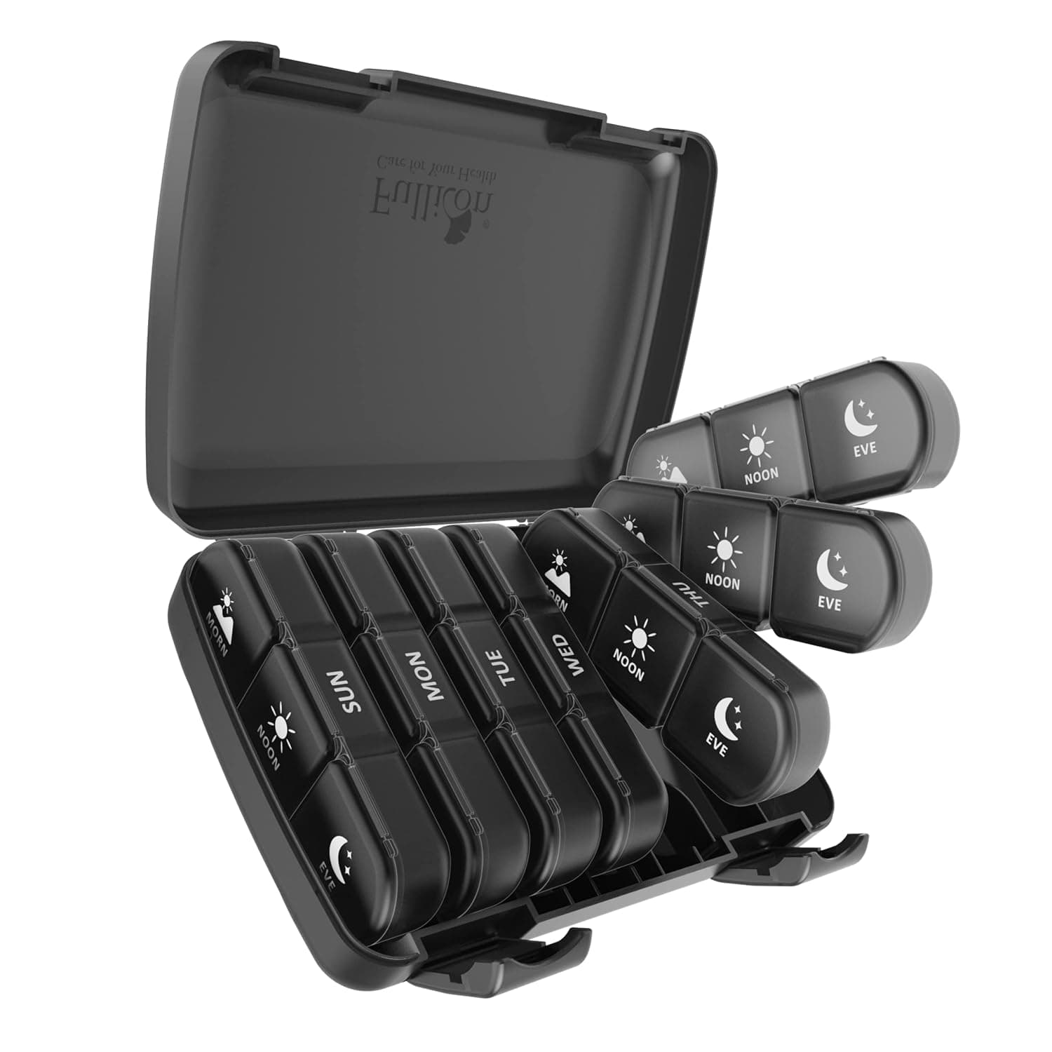 Fullicon Pill Organizer 3 Times a Day, Large Weekly Pill Case 7 Day, Daily Pill Box with 21 Compartments, Pill Dispenser Supplement Holder for Pills/Vitamin/Fish Oil - Black | Each Compartment Holds 12 Fish Oils or 13 Vitamins, 21 Compartments, Secure Embedded Buckle, Travel Friendly, BPA Free