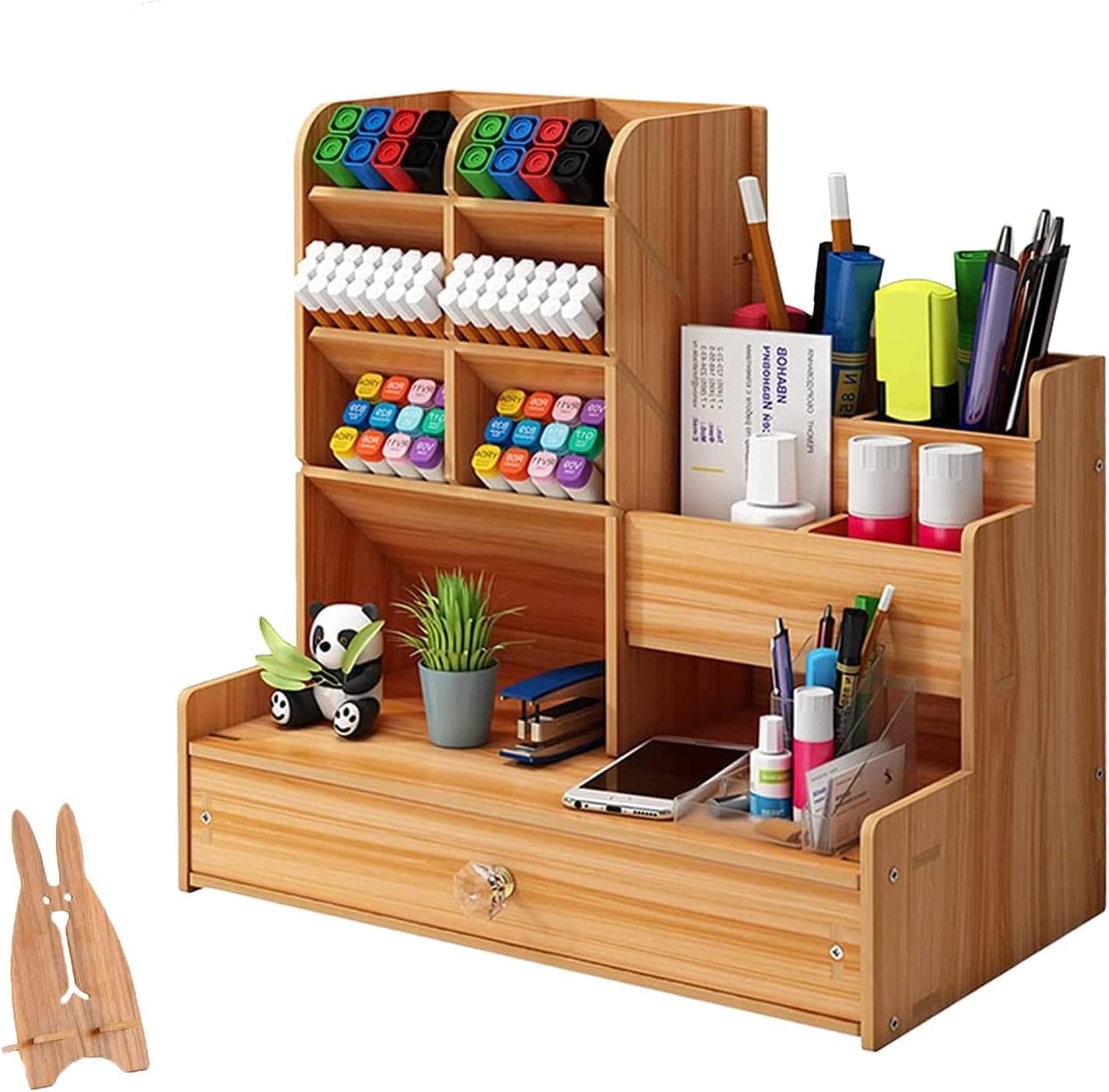 Aputue Wood Desk Storage Organizer, Multi-Compartment Office Organizer with Drawers, Premium Wooden Desktop Organizer for Pens, Clips, and Stationery, Home Office Desk Accessory
