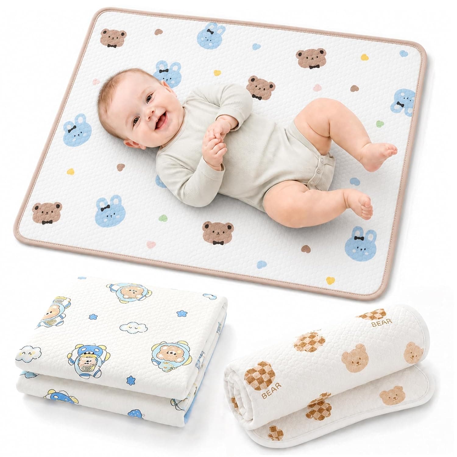 Set of 3 Washable Changing Mats for Changing Table, 50 x 70 cm | 5-layer waterproof baby changing mat, made of cotton, foldable on the go, reusable changing mat, brown