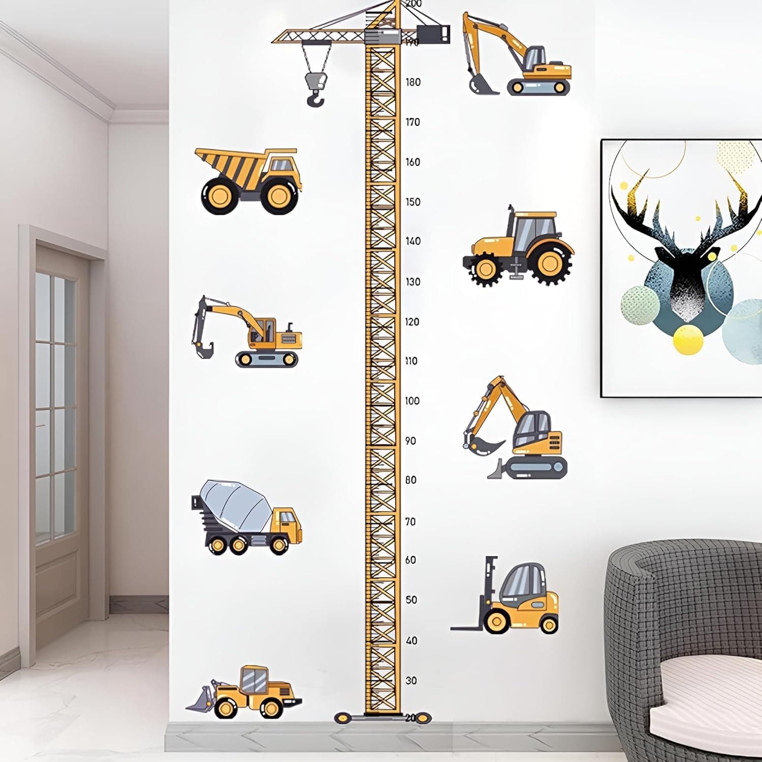 Joyzzz Height Chart Sticker, Construction Vehicles Growth Chart Wall Decal, Peel and Stick Wall Decor, Tower Crane Kids Growth Charts for Wall, Kids Growth Charts for Baby Bedroom, Toddler Playroom