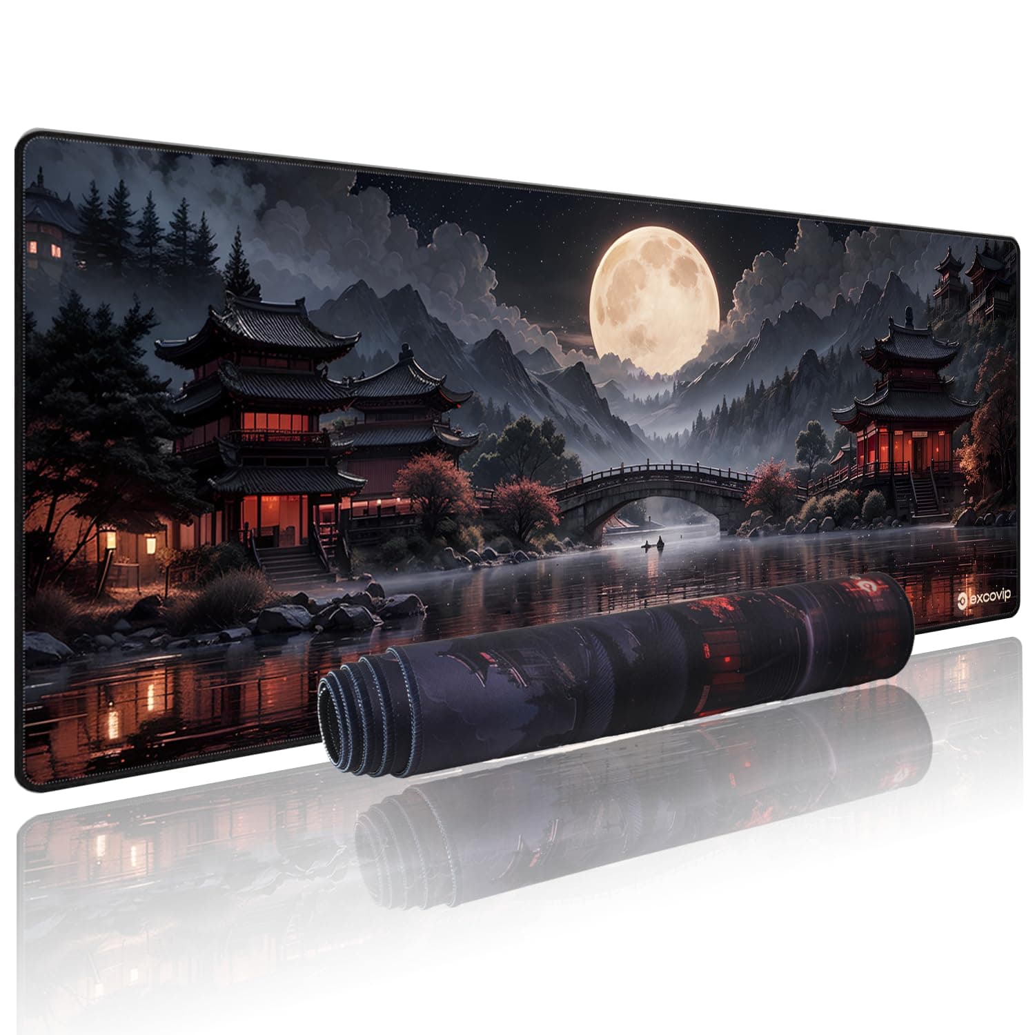 excovip Japanese Mouse Mat Riverside Full Moon Mouse Pad Large Gaming Mousepad XL Keyboard Pad 800x300mm Laptop Computer Mouse Keyboard Mat for Office Black Red 0424