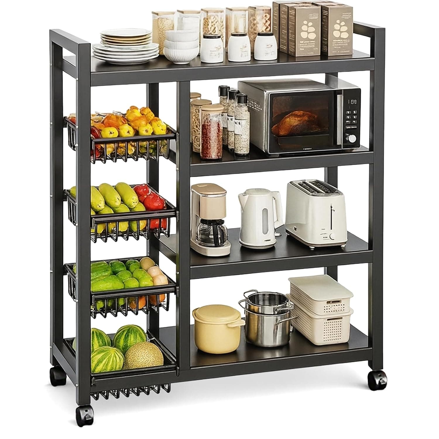 Bentifar 4-Tier Kitchen Storage Rack with Wheels, Microwave Oven Stand with Side Wire Baskets, Metal Rolling Utility Shelf Organizer for Spices, Vegetables, Appliances and Cookware, 90*32 *135CM