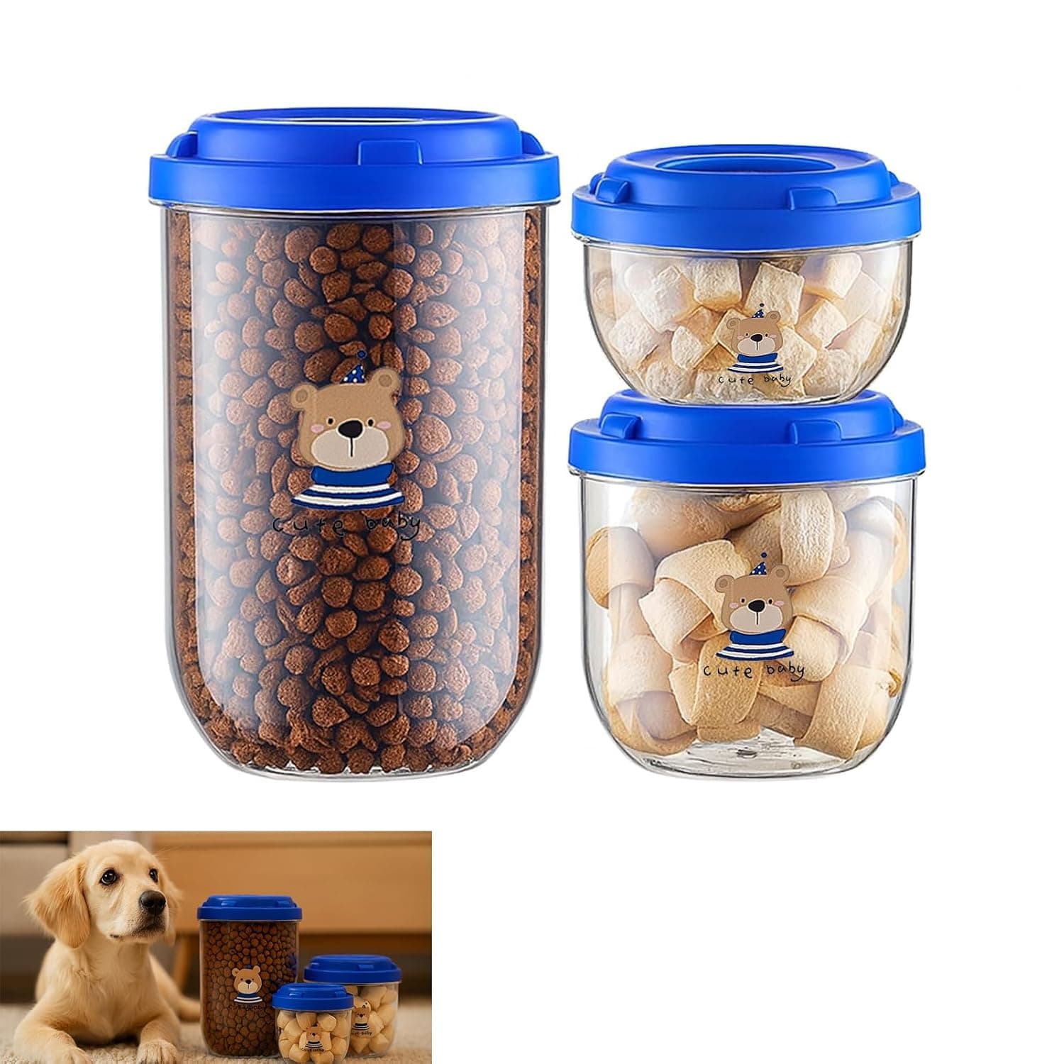 Dog Food Storage, 3PCS Airtight Transparent Pet Food Storage Container Set, Multi-Size Leakproof Dog Treat & Cat Food Storage Canisters (Blue)