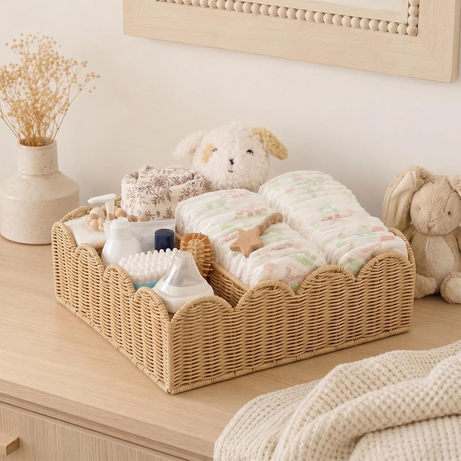 Wicker Diaper Caddy Organizer, Nursery Storage Basket for Diapers and Baby Wipes, Baby Essentials Organizer for Changing Table, Splinter Free Rattan Style (Natural, XL)