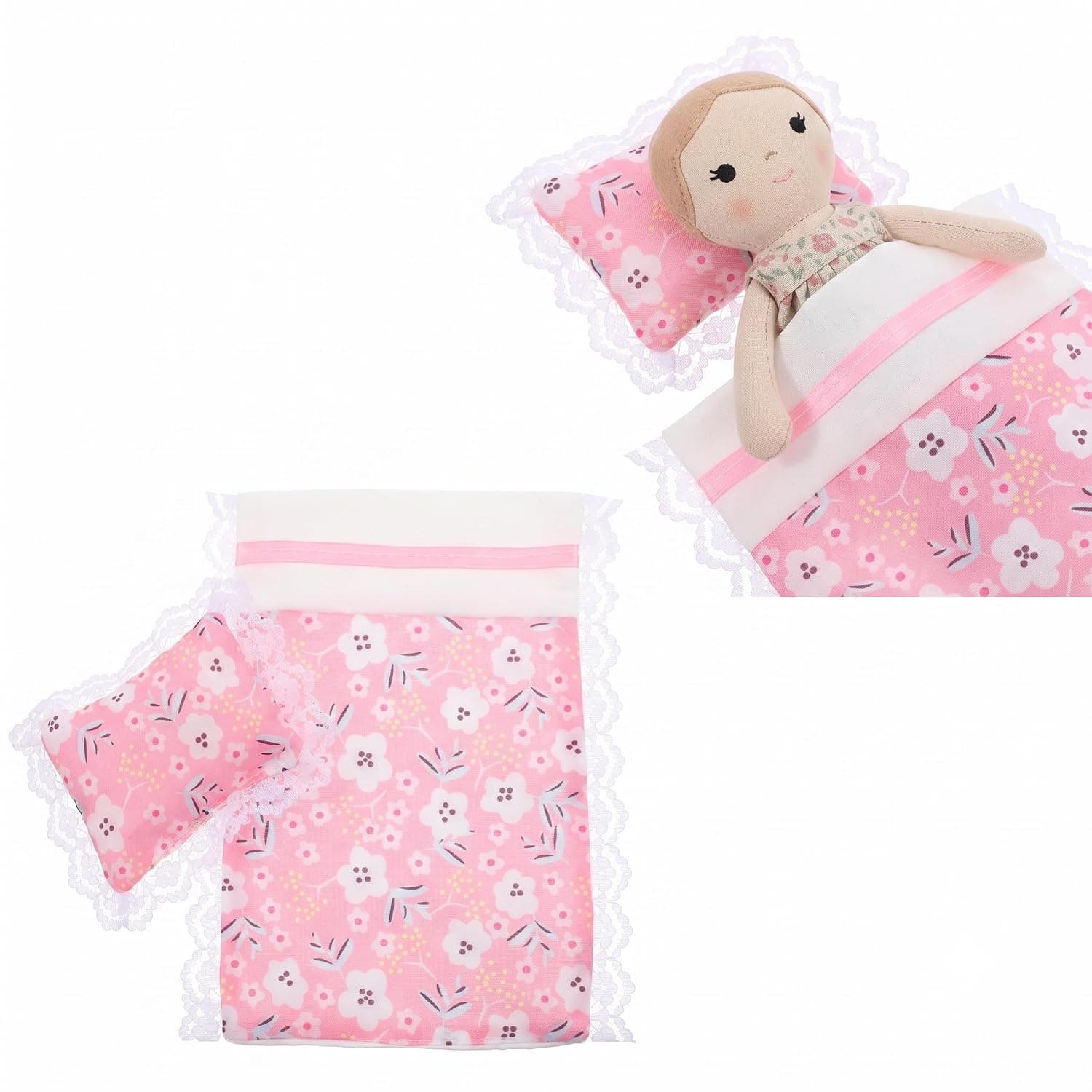 Dollhouse Bedding Accessory Set - Minituare Bed Sheet & Pillow Set Realistic Dollhouse Bedroom Decoration Pink Mini Flower Lace Blanket for Fairy Garde Micro Scene, 6.68X4.72 Blanket