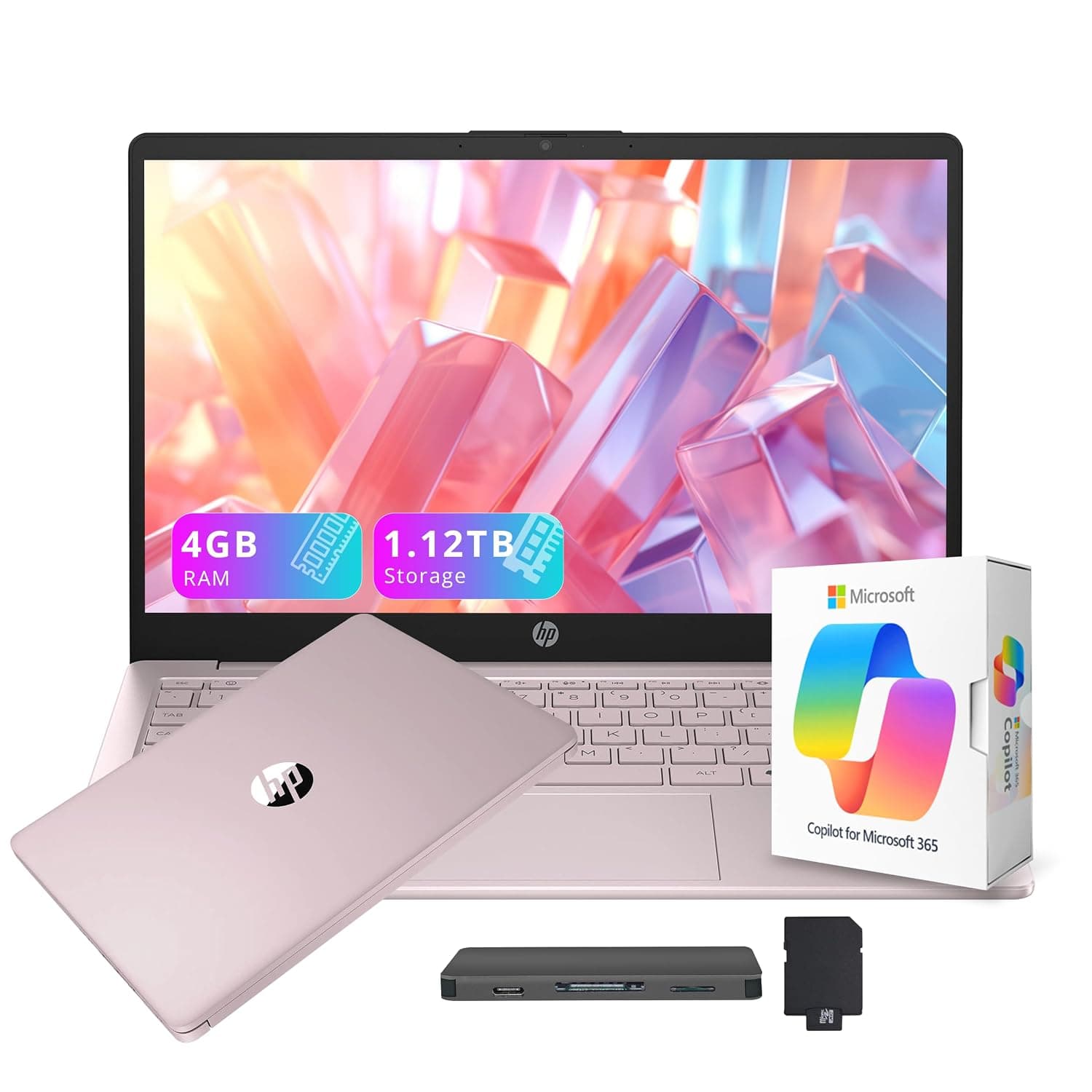 HP Flagship 14" HD Student&Business Laptop with AI Copilot, 13th Gen Intel 4-Core, 4GB RAM, 1.12TB Storage (128GB UFS + 1TB Docking Station), 1 Year Office 365, Wi-Fi 6, Win 11 S, Tranquil Pink